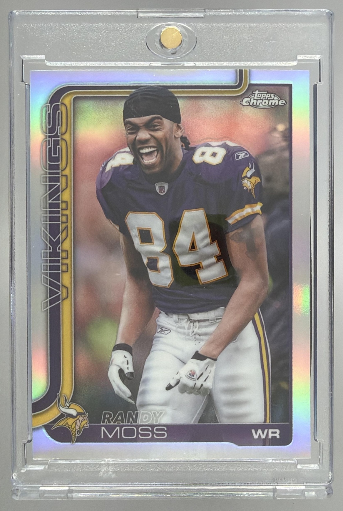 Card image for 2025 Topps Football Chrome Randy Moss Image Variation #405 SP Minnesota Vikings