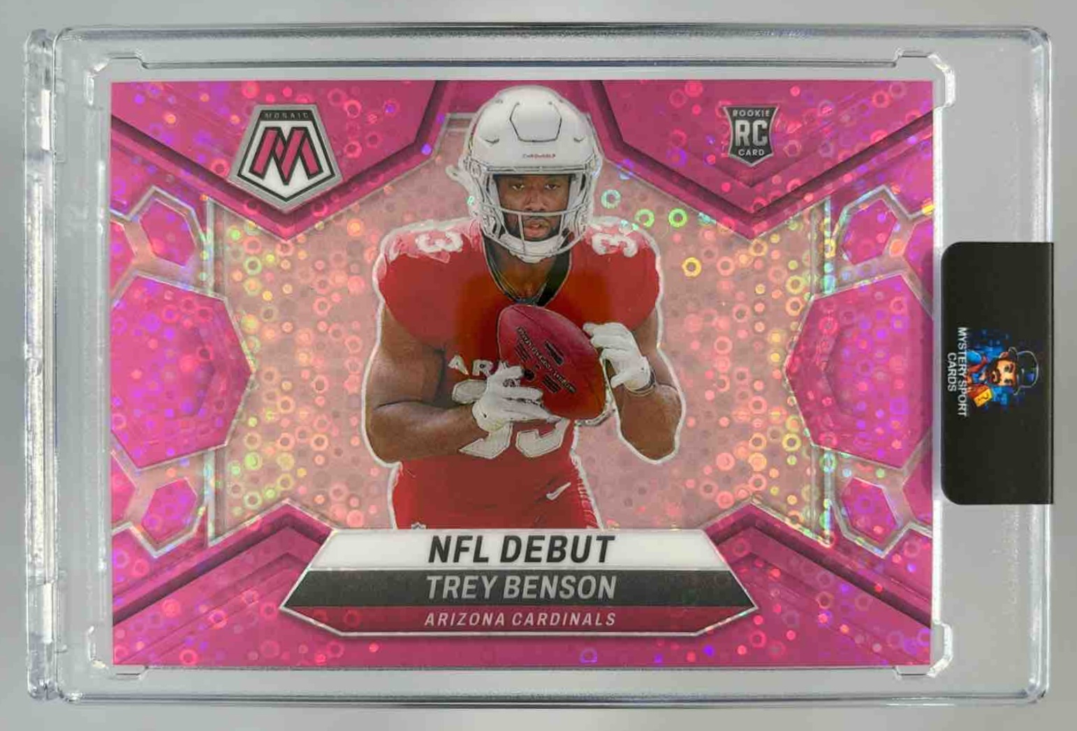 Card image for 2024 Panini Mosaic Trey Benson No Huddle Pink Prizm /20 #277 RC NFL Debut Cardinals