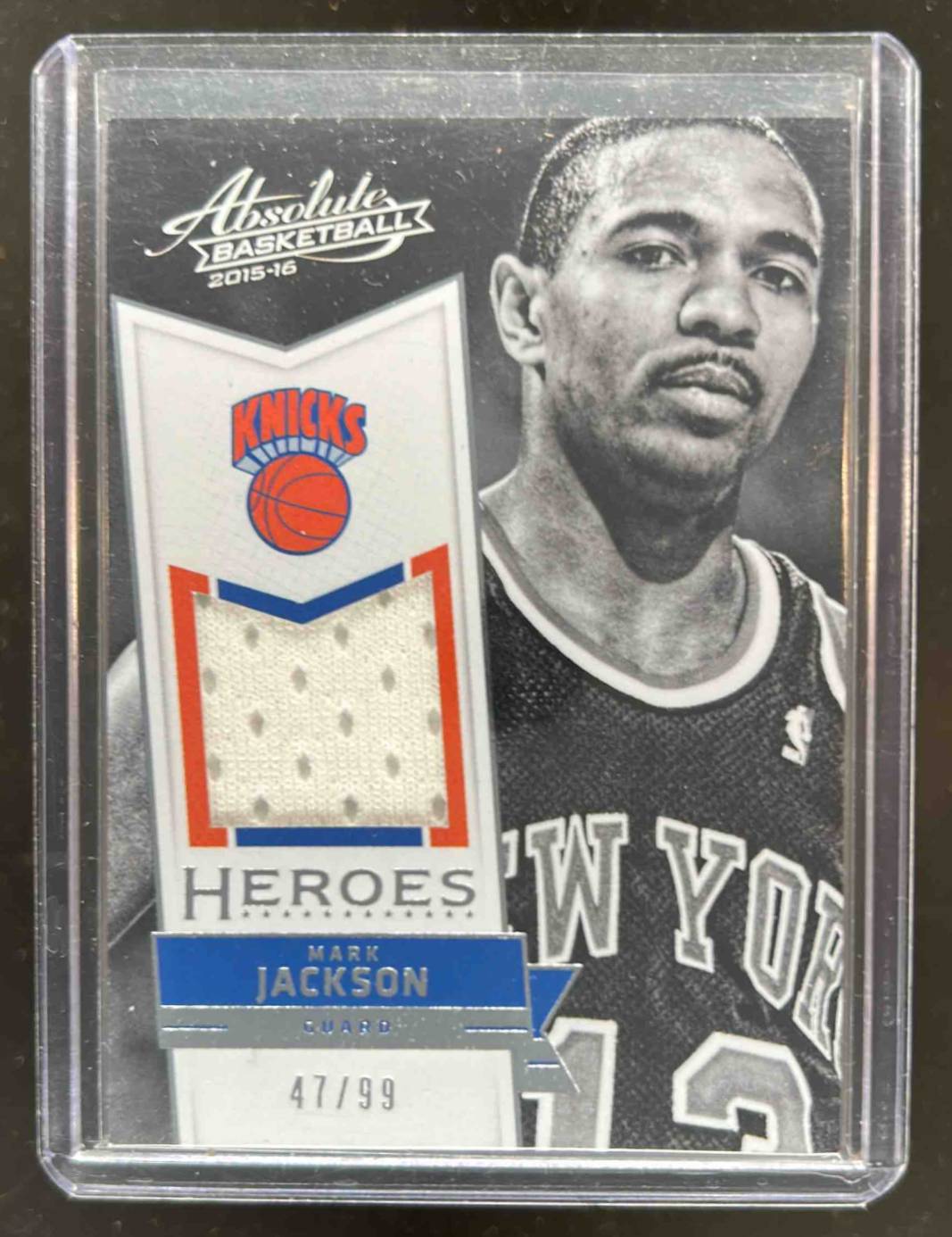 Card image for 2015-16 PANINI ABSOLUTE MARK JACKSON HEROES MATERIALS /99 #9 NEW YORK KNICKS