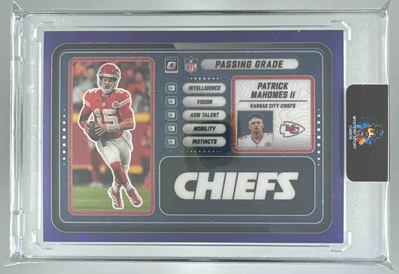 Card image for 2025 Panini Donruss Optic Patrick Mahomes II Passing Grade Purple Stars Prizm /25 #5 Chiefs