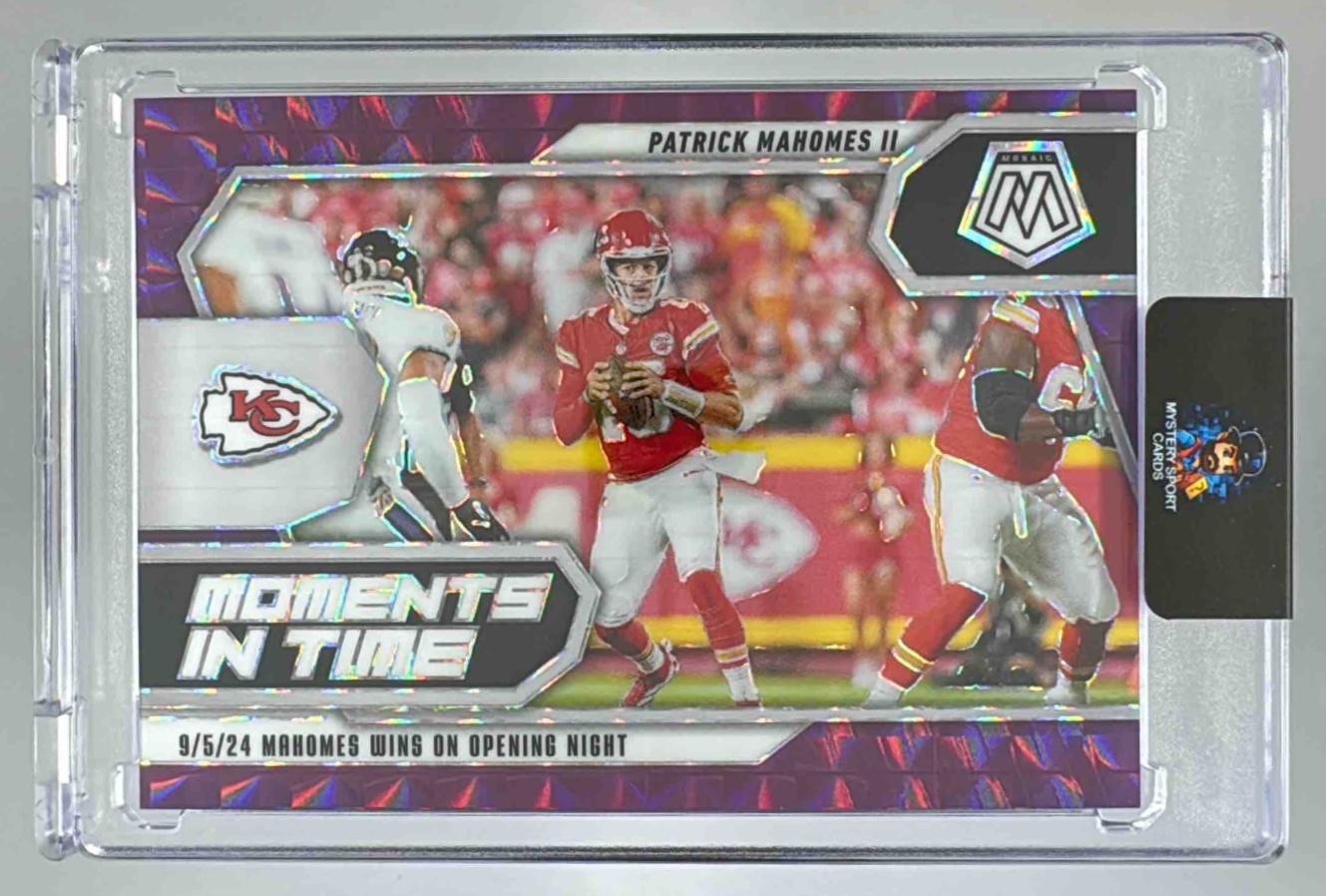 Card image for 2025 Panini Mosaic Patrick Mahomes II Moments in Time Purple Prizm /49 #7 Chiefs