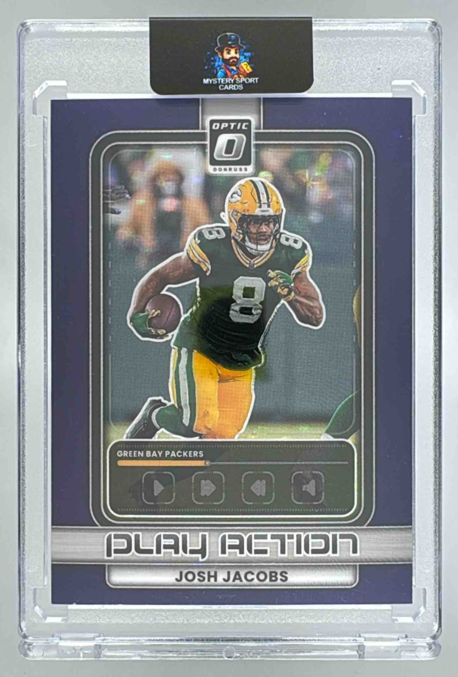 Card image for 2025 Panini Donruss Optic Josh Jacobs Play Action Purple Stars Prizm /25 #4 Packers