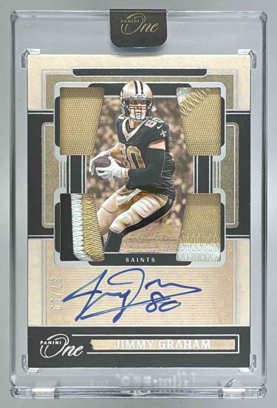 Card image for 2024 Panini One Jimmy Graham Quad Patch Auto /99 #63 MEM Saints