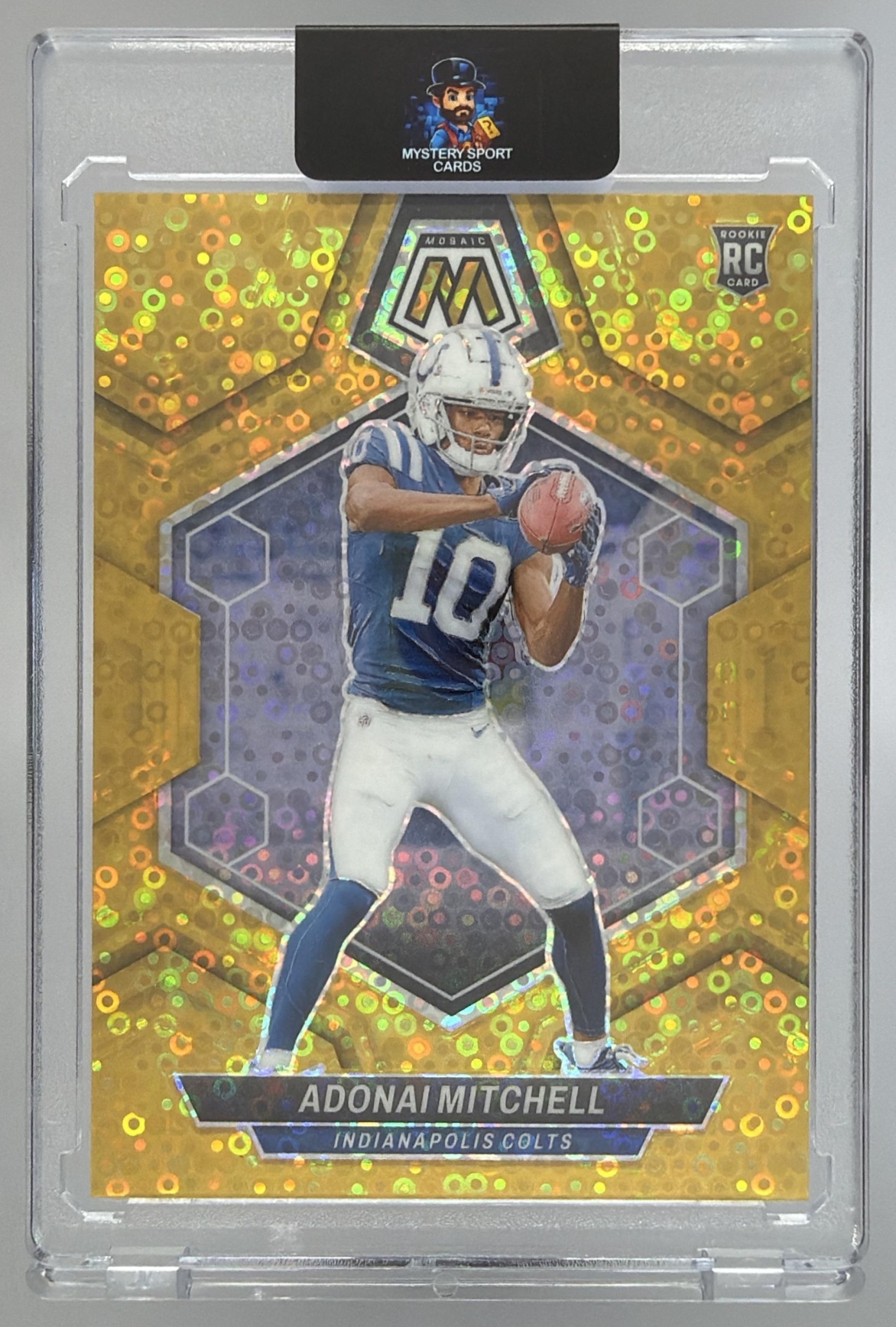Card image for 2024 Panini Mosaic Adonai Mitchell No Huddle Gold Prizm /10 #350 RC Colts