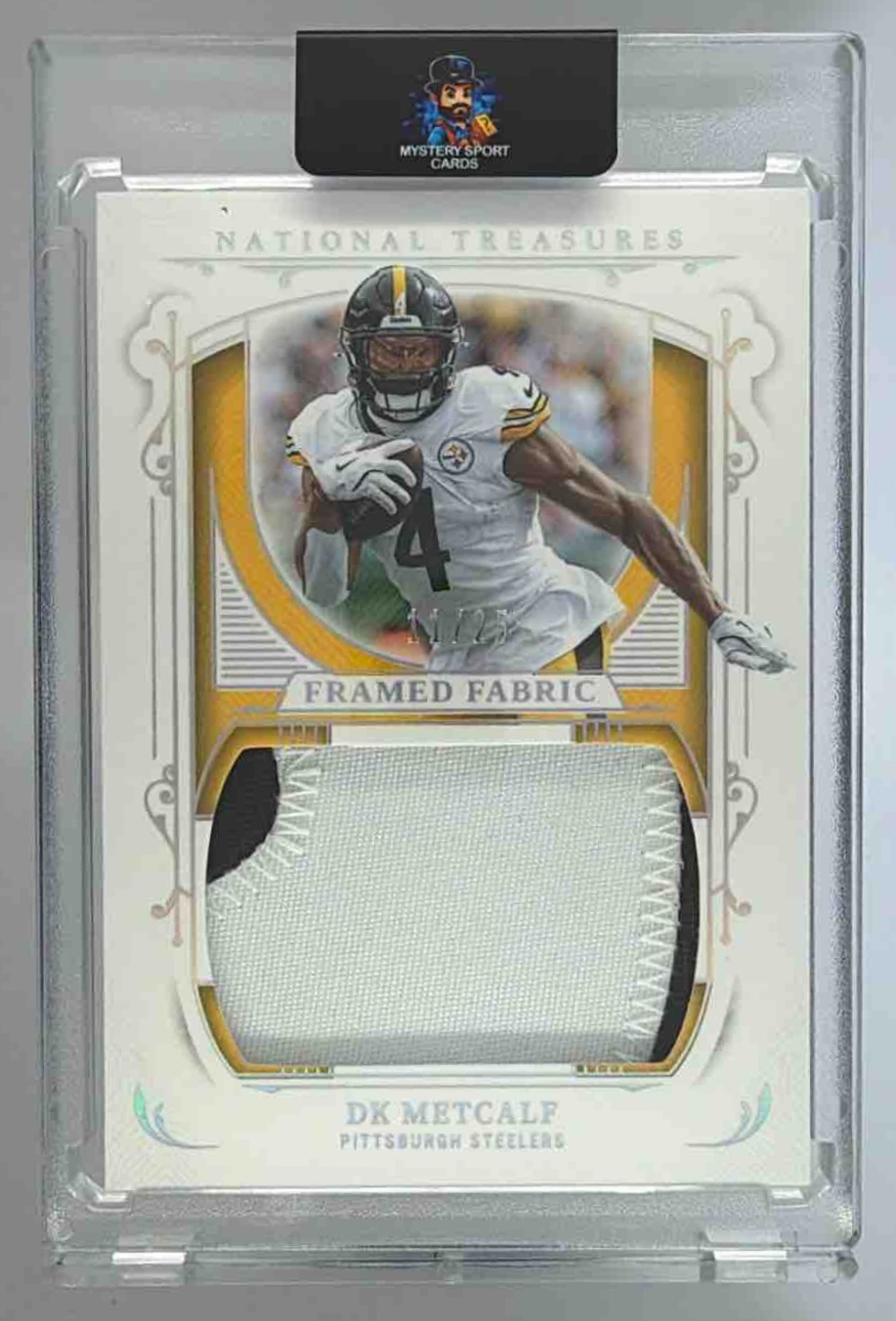 Card image for 2025 Panini National Treasures DK Metcalf Framed Fabric Holo Silver /25 #FF-DKF Steelers