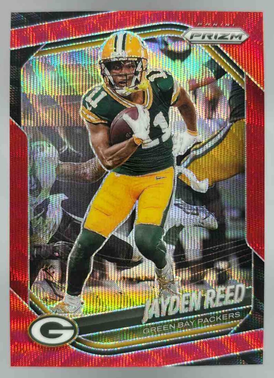 Card image for 2025 Panini Football Prizm Jayden Reed Red Wave /149 #25 Green Bay Packers