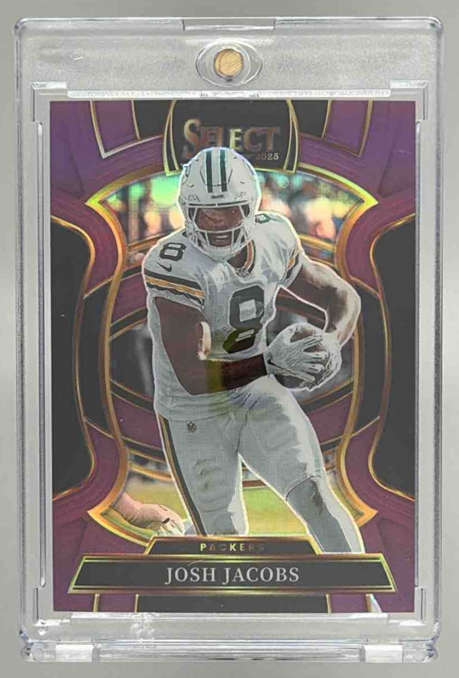 Card image for 2025 Panini Select Josh Jacobs Concourse Purple Prizm /75 #67 Packers