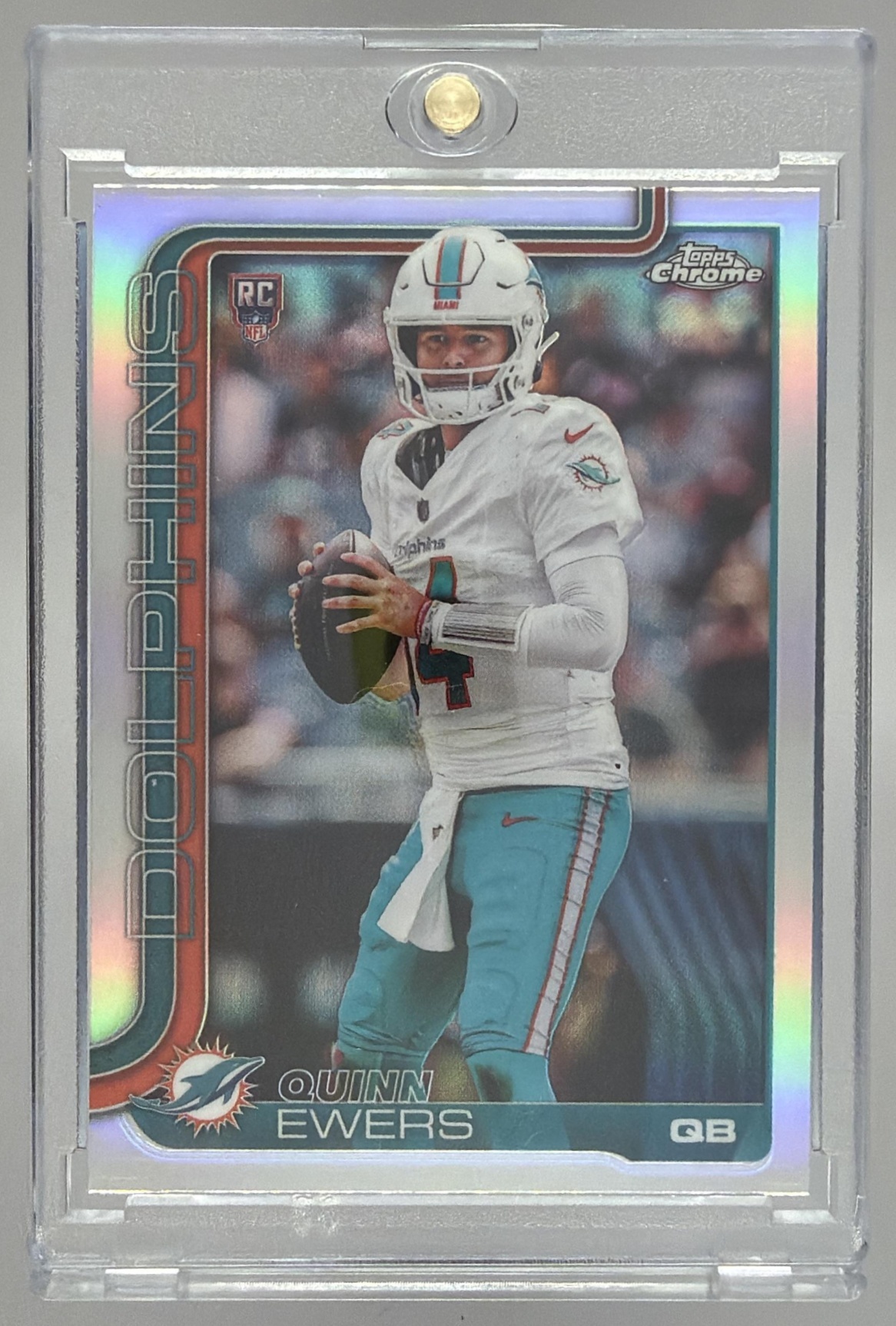 Card image for 2025 Topps Football Chrome Quinn Ewers Rookie Refractor #316 RC Miami Dolphins