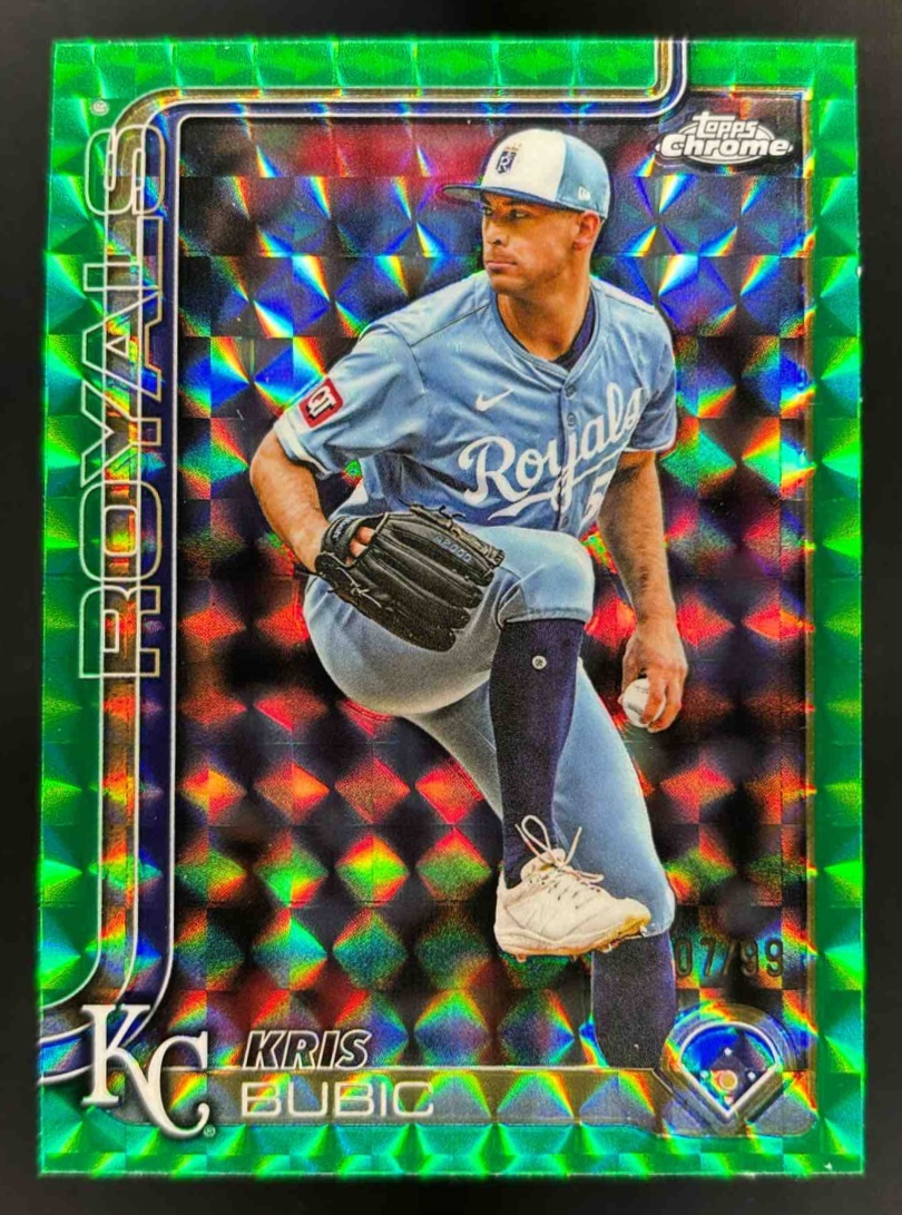 Card image for 2025 Topps Chrome Update Kris Bubic Green Geometric Refractor /99 #USC115 Royals