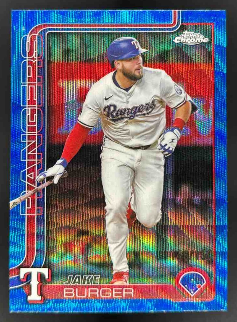Card image for 2025 Topps Chrome Update Jake Burger Blue Wave Refractor /150 #USC37 Rangers