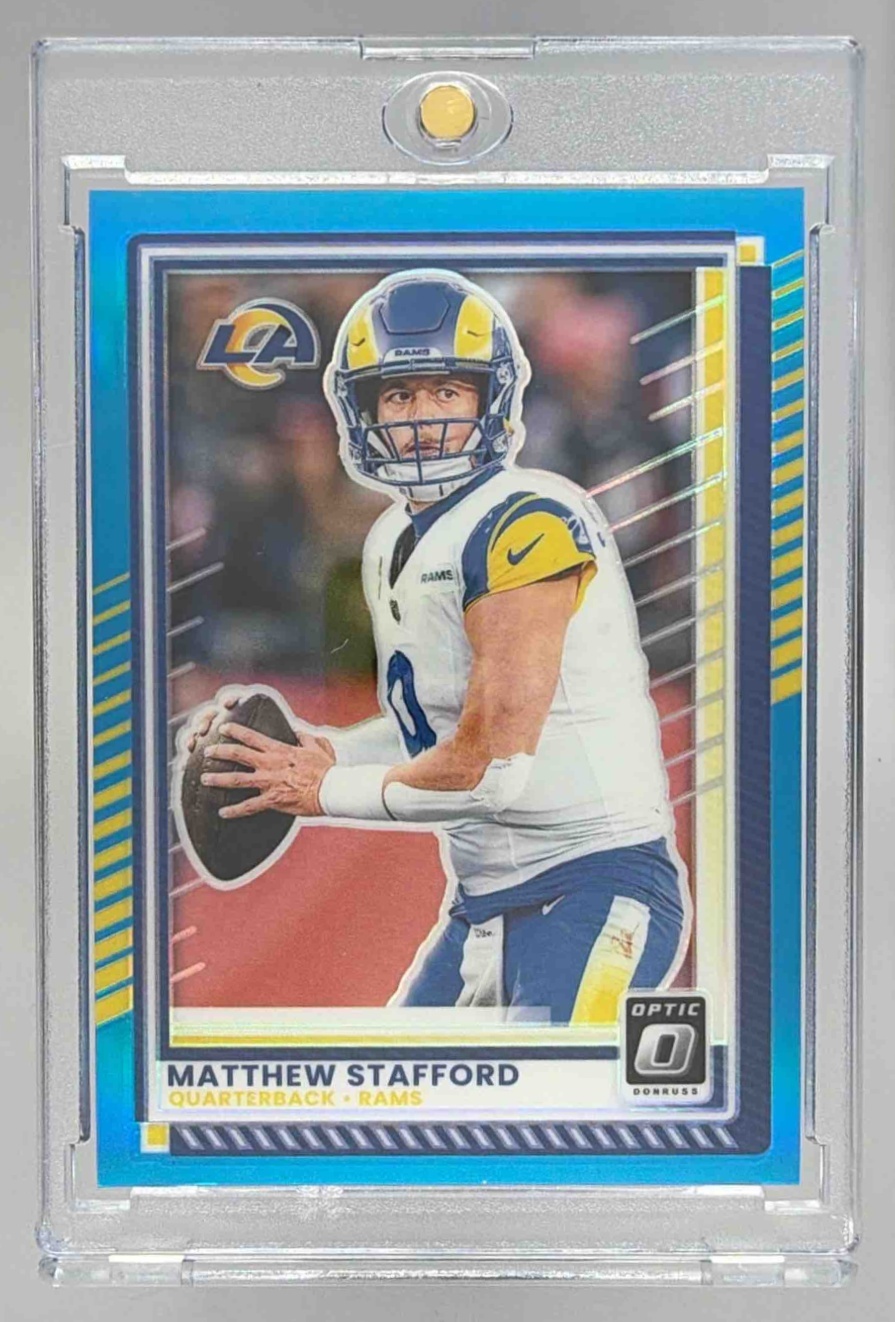 Card image for 2025 Panini Donruss Optic Matthew Stafford Aqua Prizm /349 #198 Rams