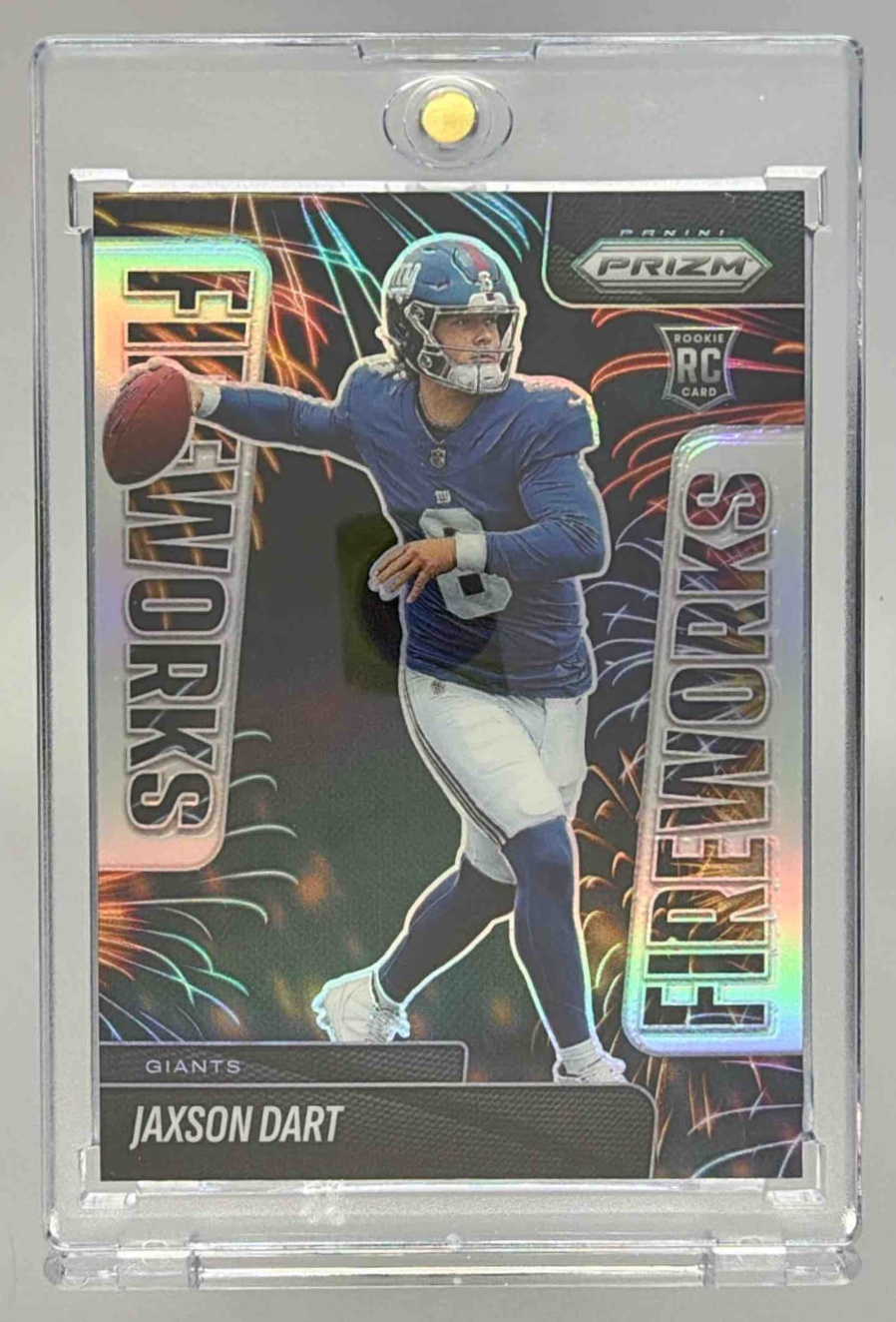 Card image for 2025 Panini Football Prizm Jaxson Dart Fireworks Silver #6 RC New York Giants