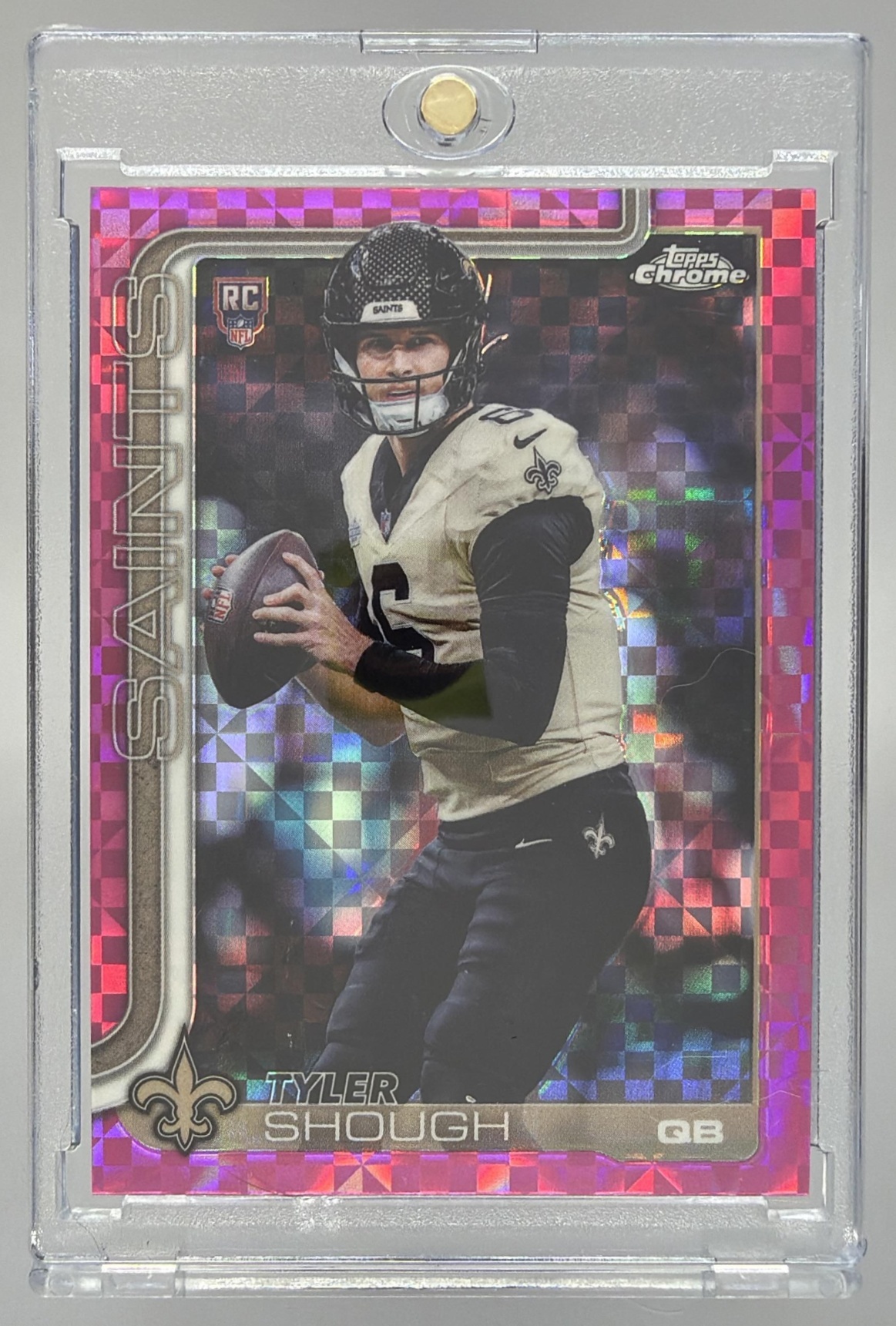 Card image for 2025 Topps Football Chrome Tyler Shough Rookie #398 RC New Orleans Saints