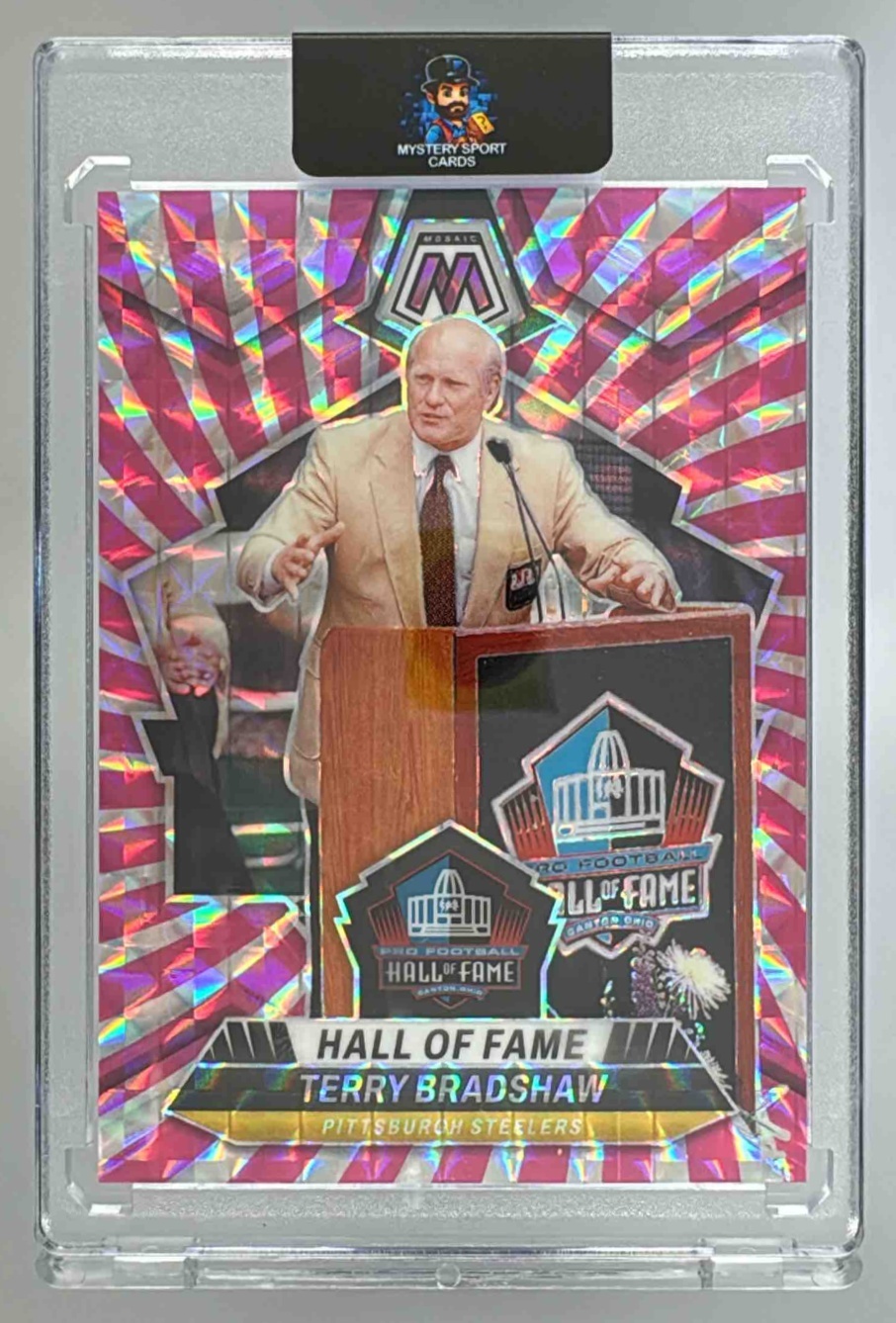 Card image for 2024 Panini Mosaic Terry Bradshaw Pink Swirl Prizm /13 #296 Hall of Fame Steelers