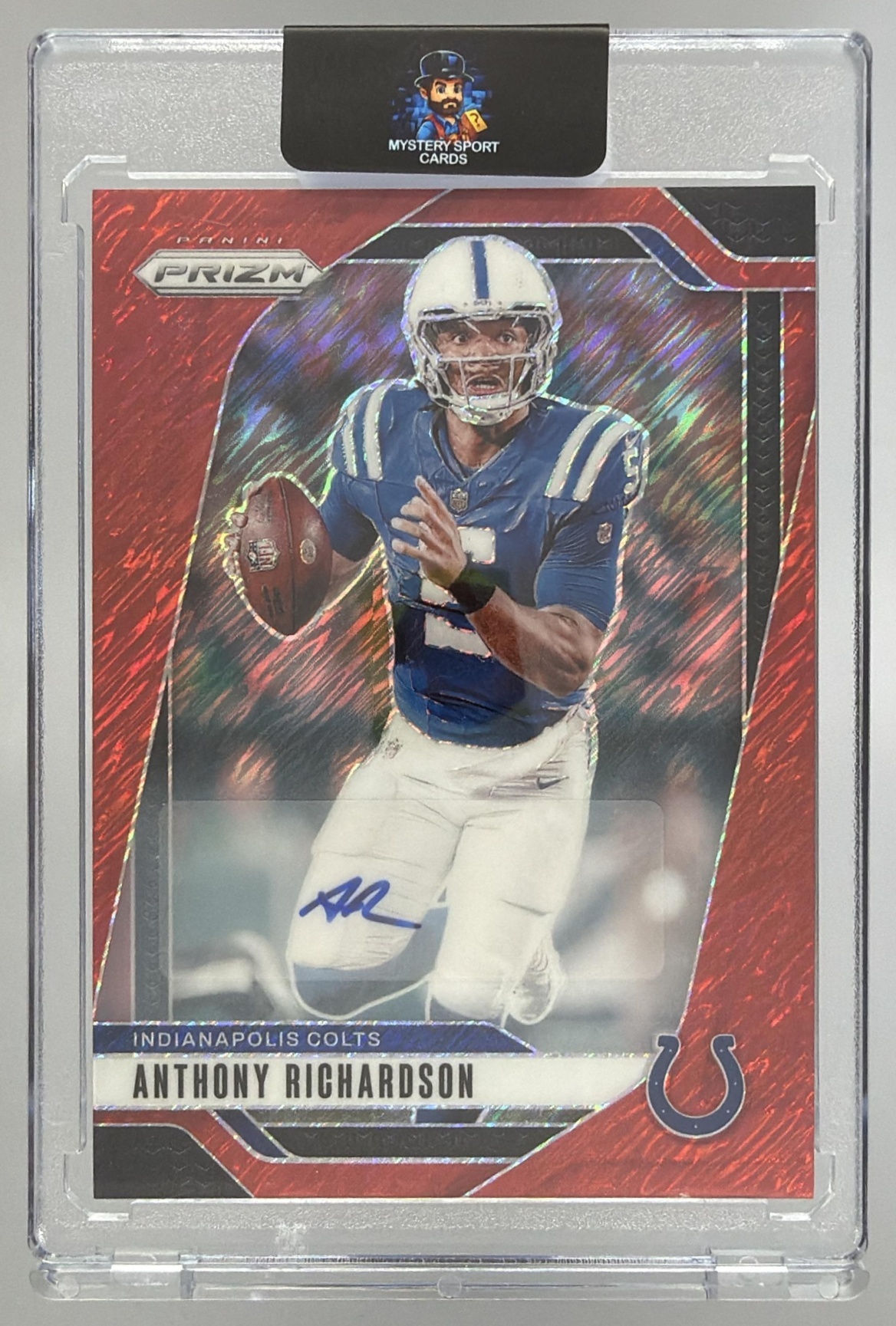 Card image for 2024 Panini Prizm Anthony Richardson Auto Red Shimmer /35 #120 Colts
