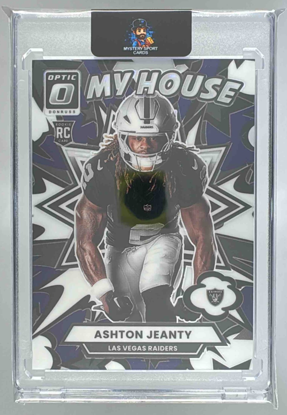 Card image for 2025 Panini Donruss Optic Ashton Jeanty My House! Purple Stars Prizm /25 #4 RC Raiders