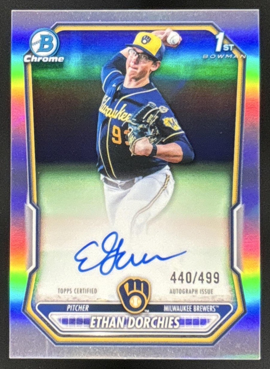Card image for Ethan Dorchies 2026 Bowman Refractor /499 Chrome Prospect Auto Milwaukee Brewers