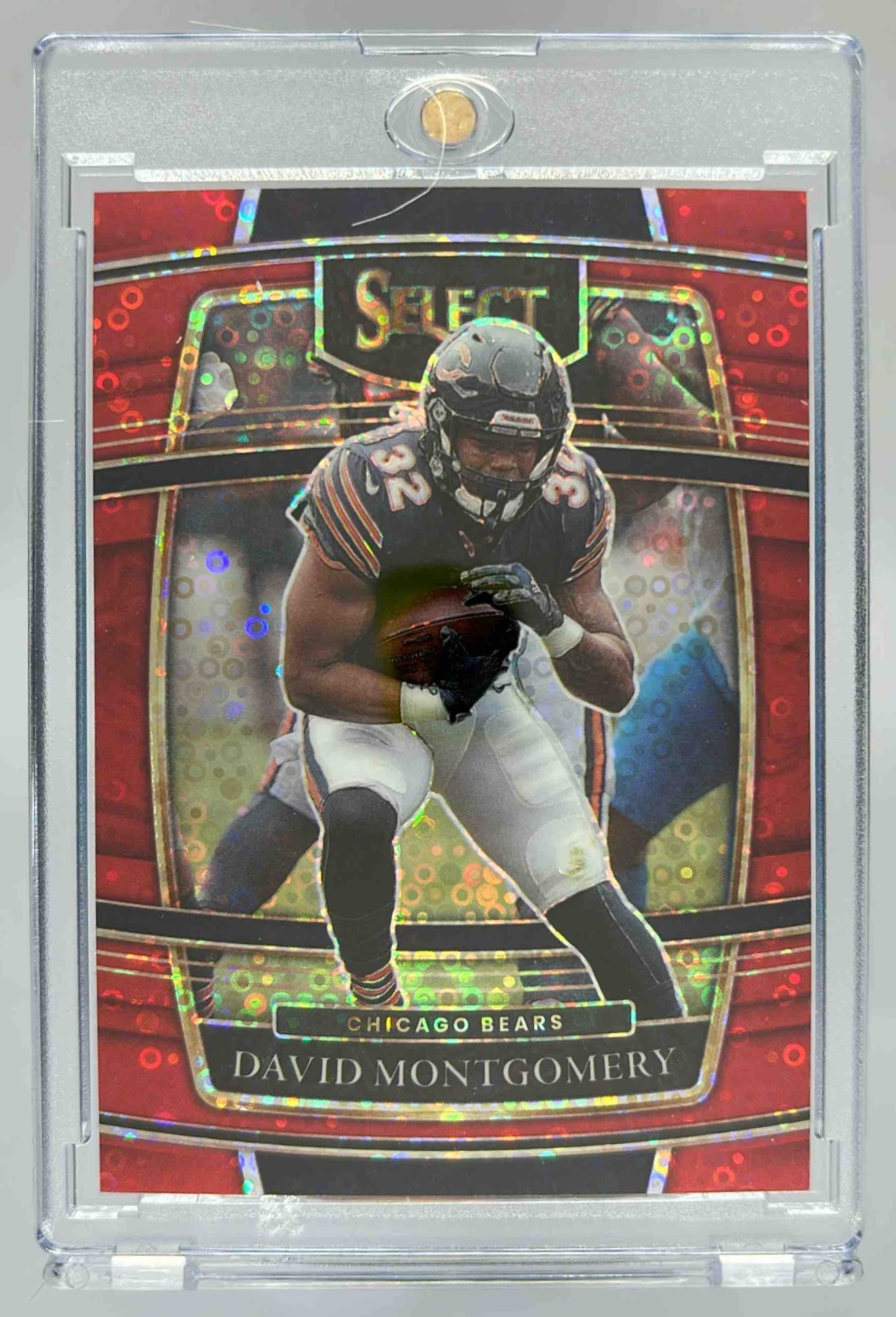 Card image for 2021 Panini Select David Montgomery Red Disco Prizm /49 #8 Concourse Bears
