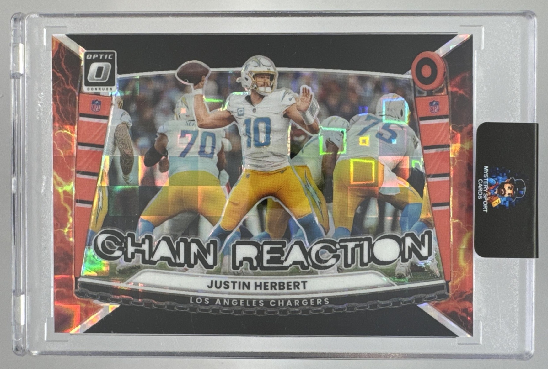Card image for 2025 Panini Donruss Optic Justin Herbert Chain Reaction Black Pandora Prizm /149 #6 Chargers
