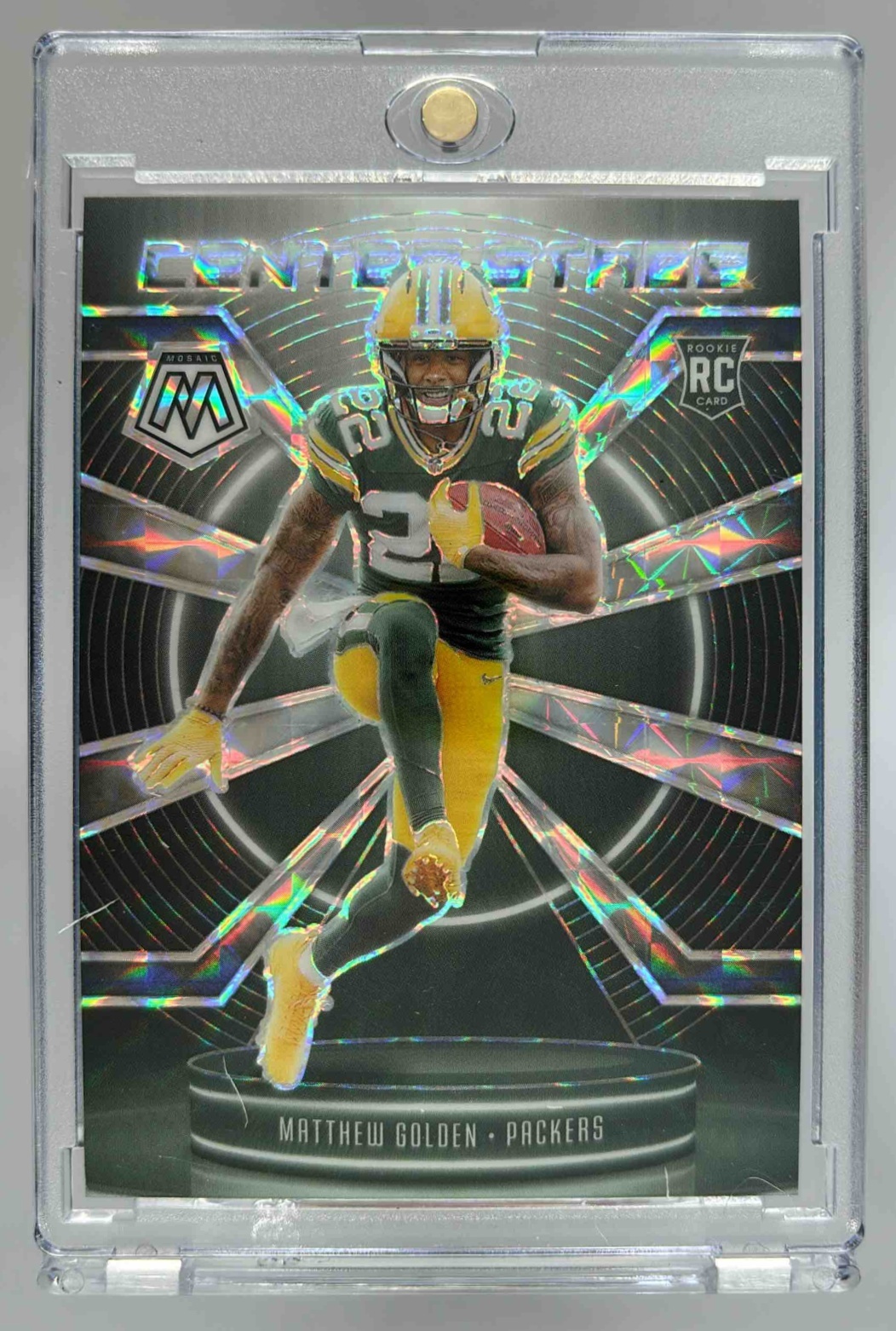 Card image for 2025 Panini Football Mosaic Matthew Golden Center Stage #13 RC Green Bay Packers