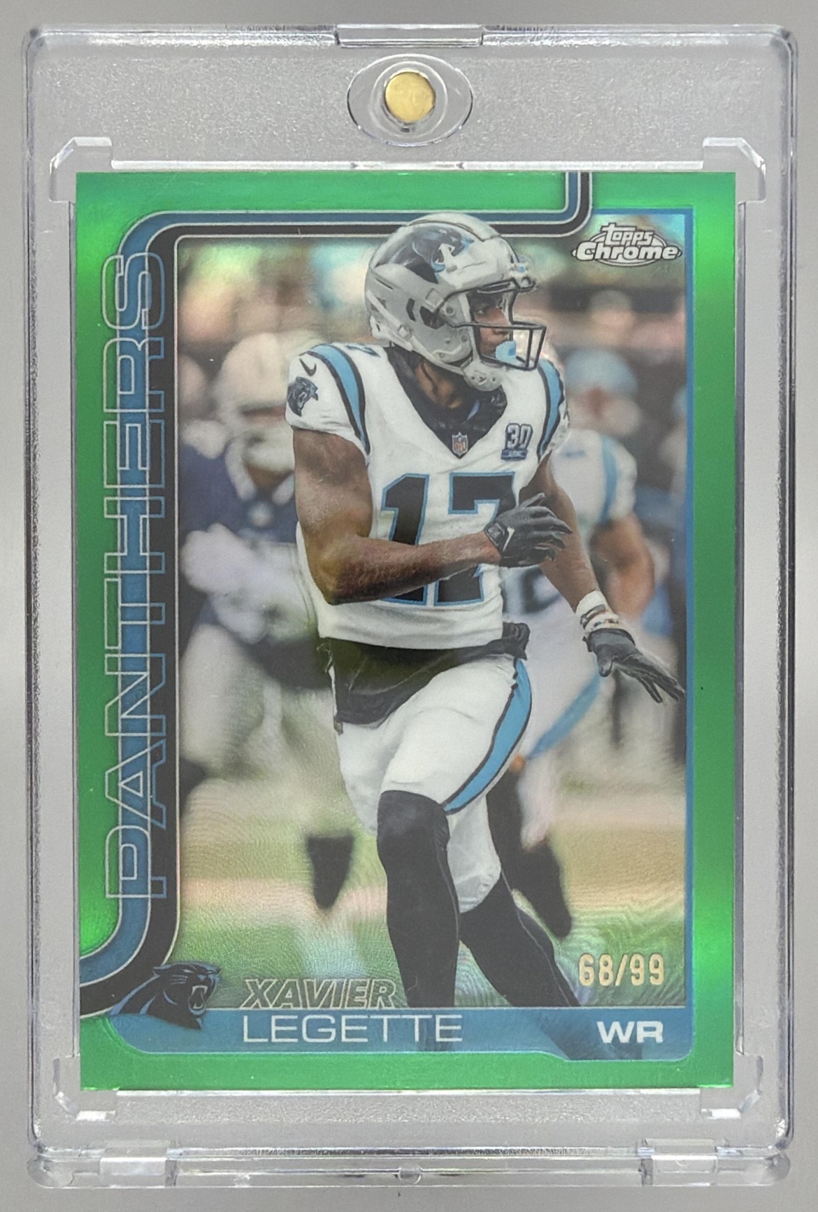 Card image for 2025 Topps Chrome Xavier Legette Green Refractor /99 #38 Panthers