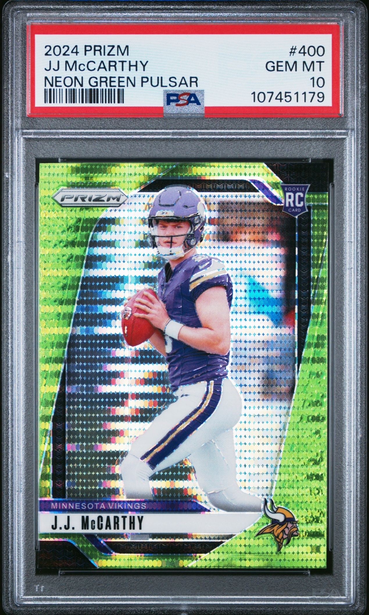 Card image for 2024 Panini Prizm J.J. McCarthy Neon Green Pulsar #400 RC Vikings