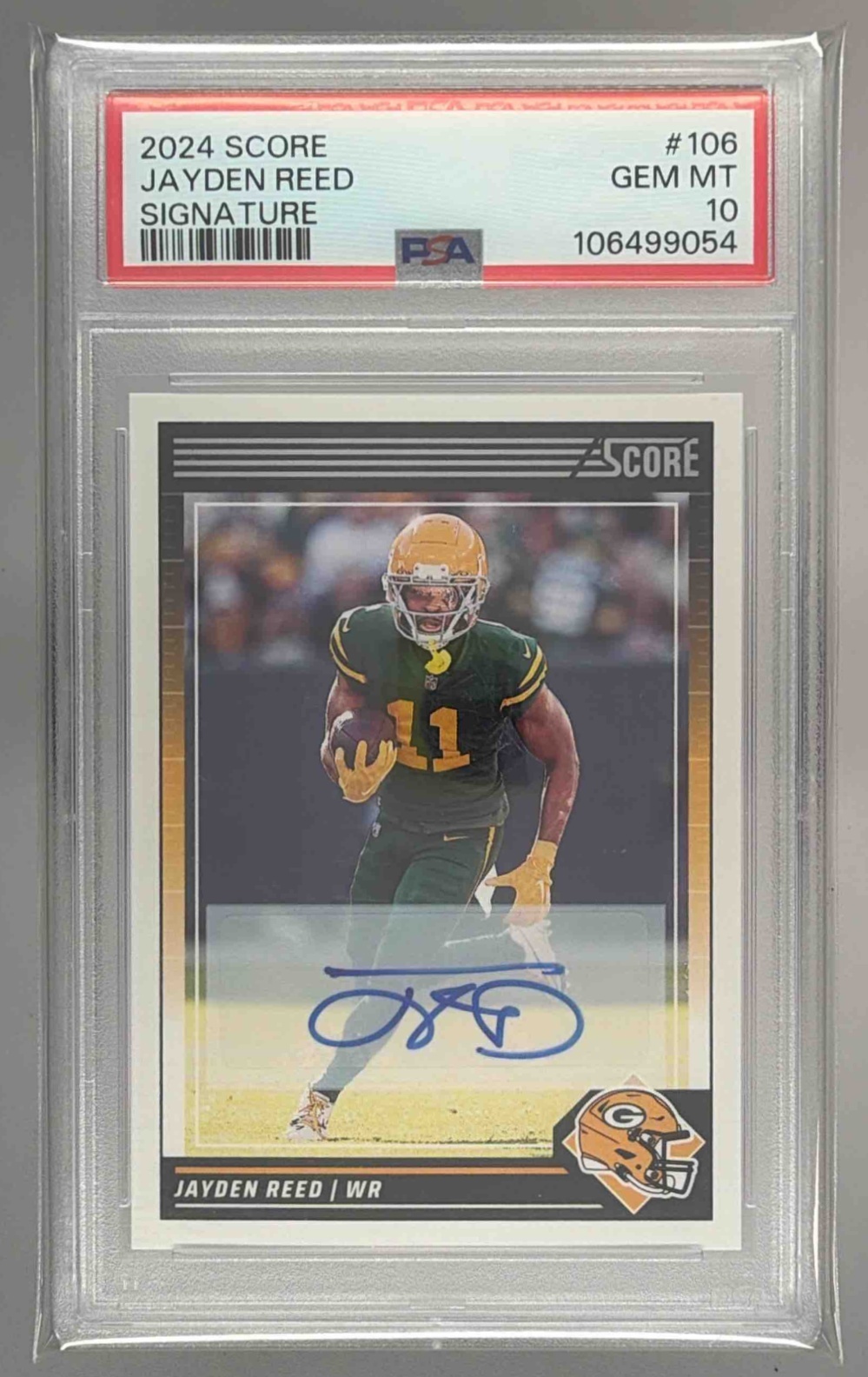 Card image for 2024 Panini Football Score Jayden Reed Signatures #106 Auto Green Bay Packers