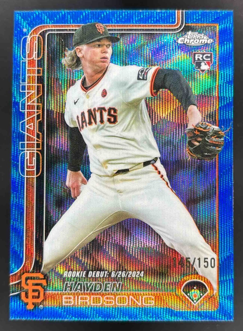 Card image for 2025 Topps Chrome Update Hayden Birdsong Blue Wave Refractor /150 RC