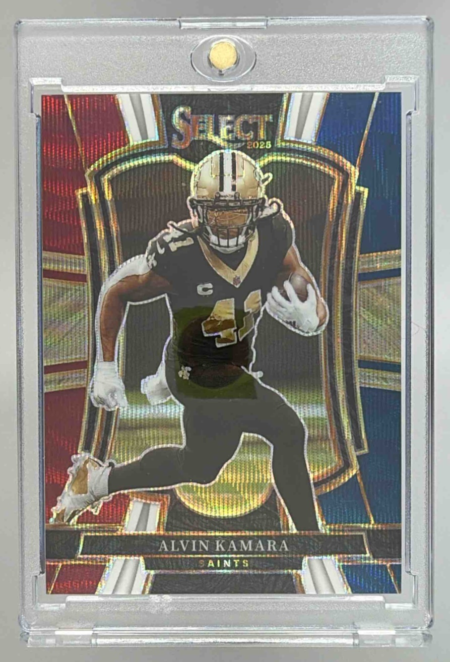Card image for 2025 Panini Select Alvin Kamara Premier Level Tri-Color Prizm /299 #140 Saints