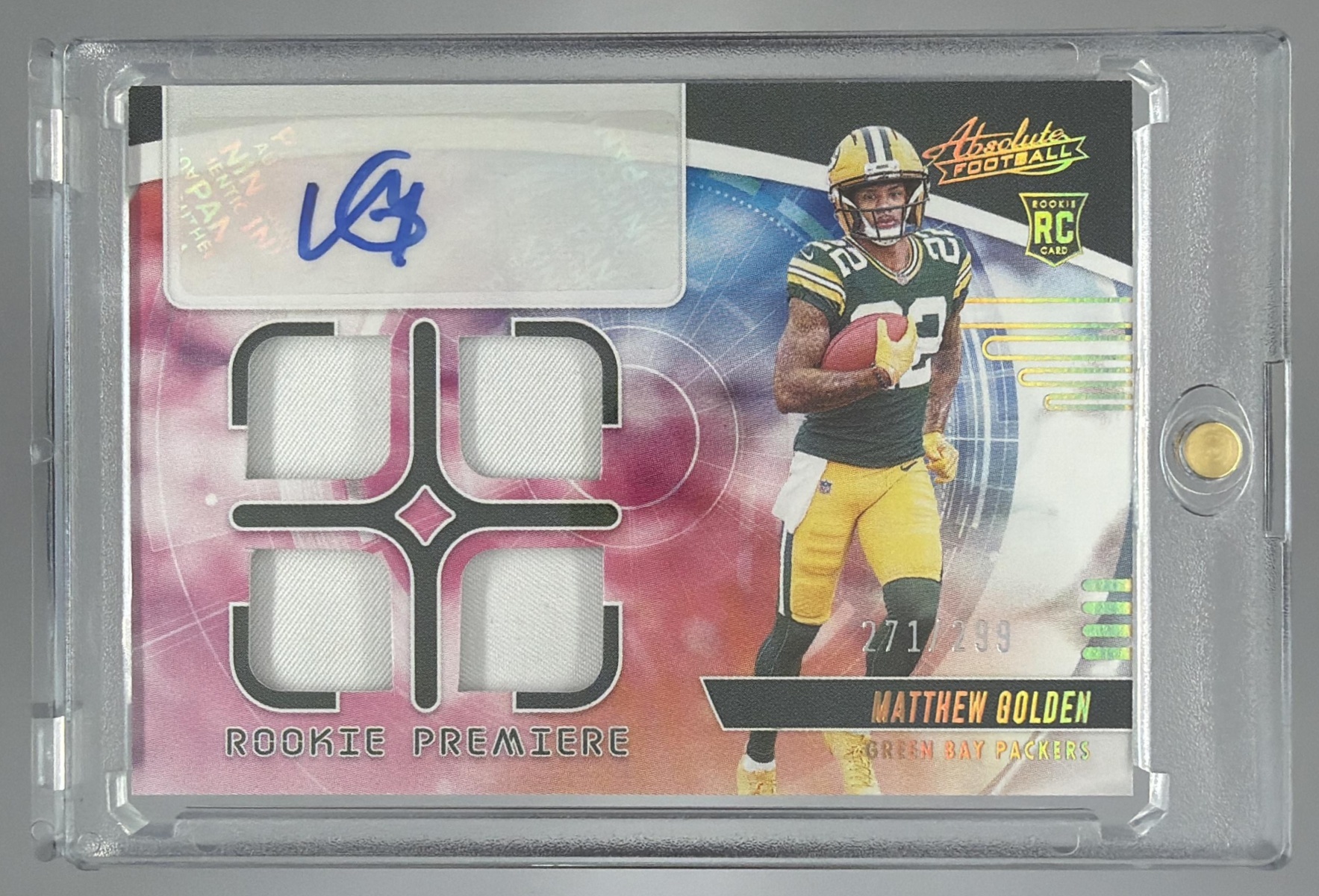 Card image for 2025 Panini Absolute Matthew Golden Rookie Premiere Materials Autos Quad /299 #RPM-MGN MEM RC Auto Packers