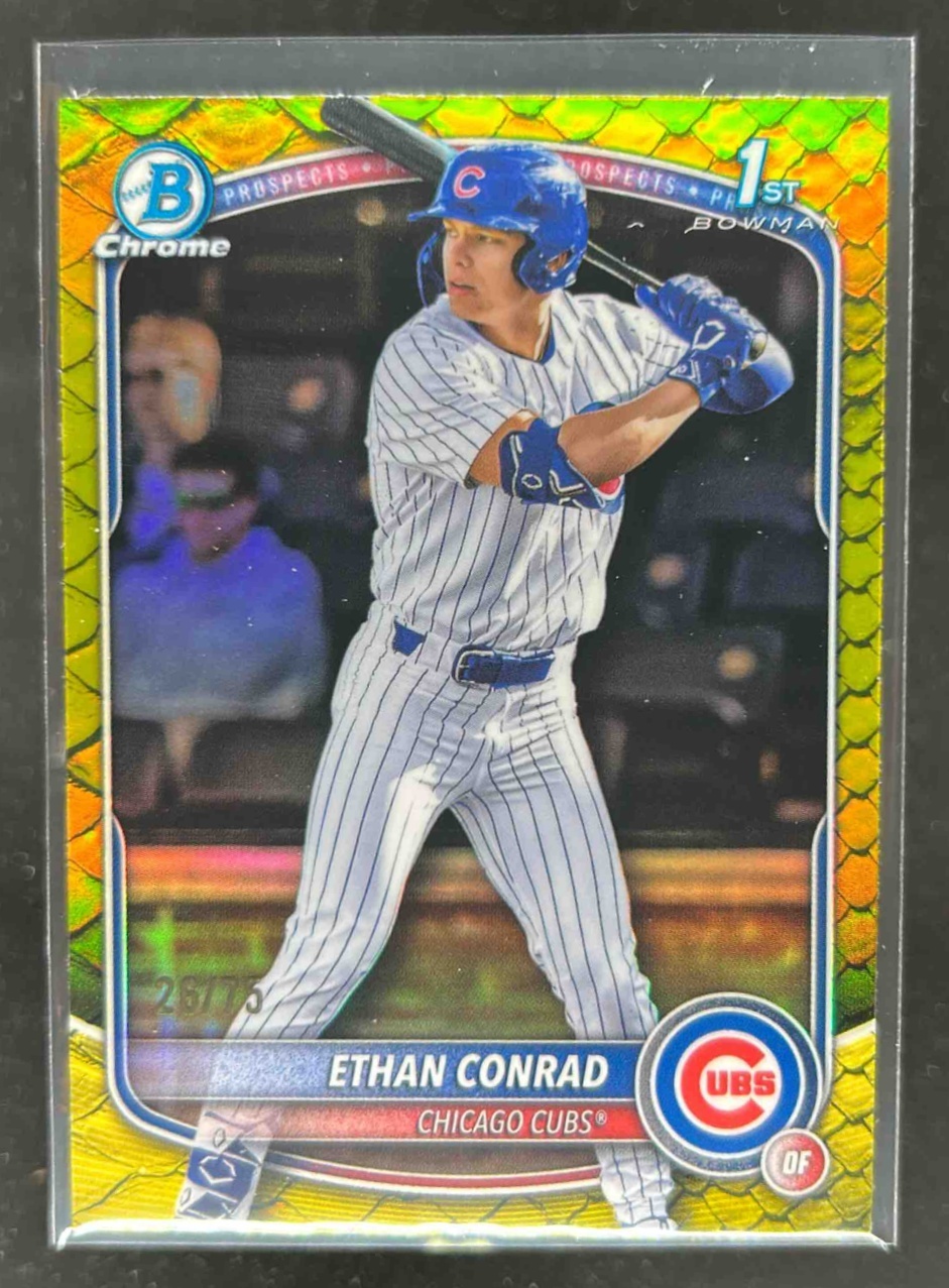 Card image for Ethan Conrad 2025 Bowman Draft Chrome Yellow Reptilian Refractor /75