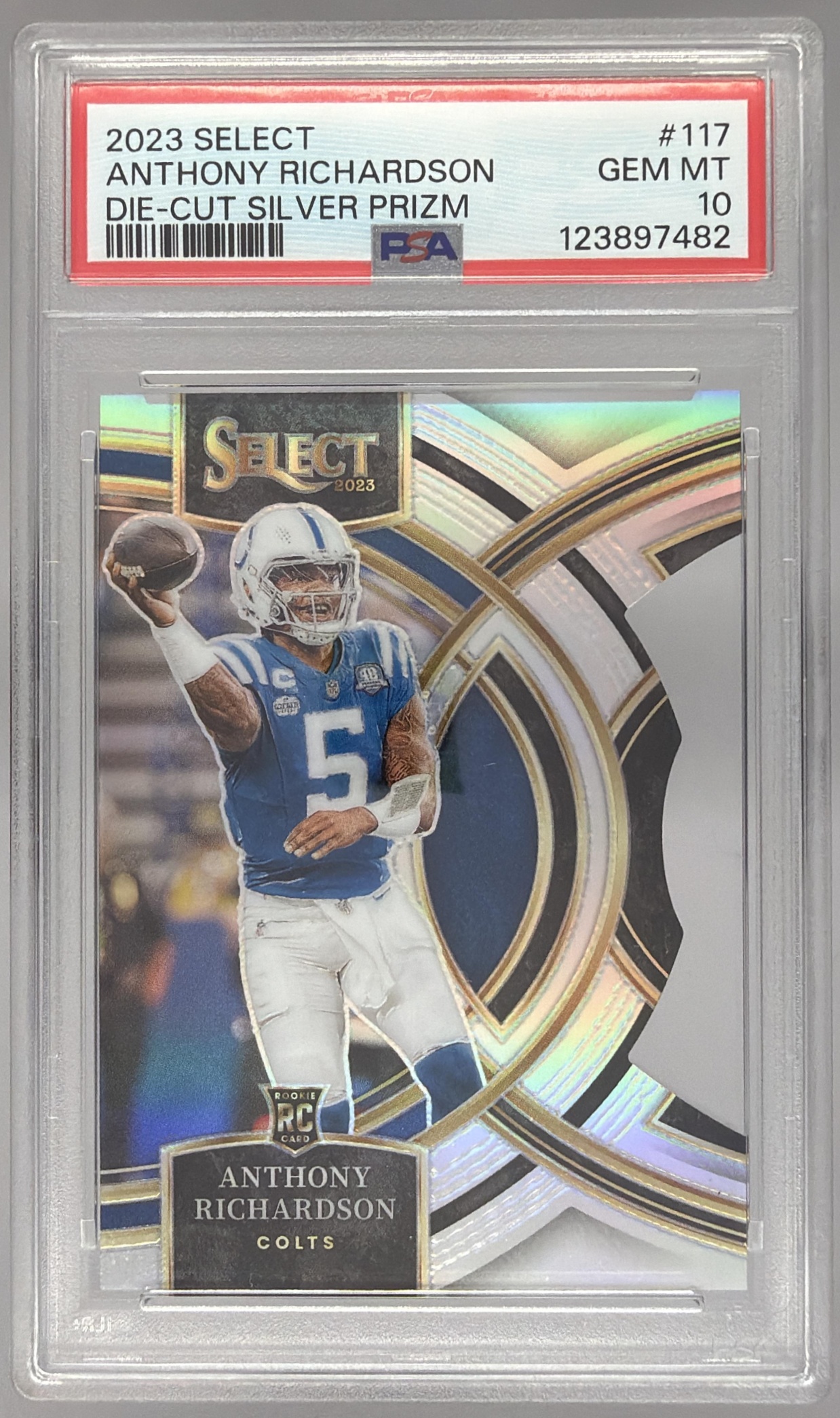 Card image for 2023 Panini Select Anthony Richardson Silver Prizms Die Cut #117 RC Premier Level Colts