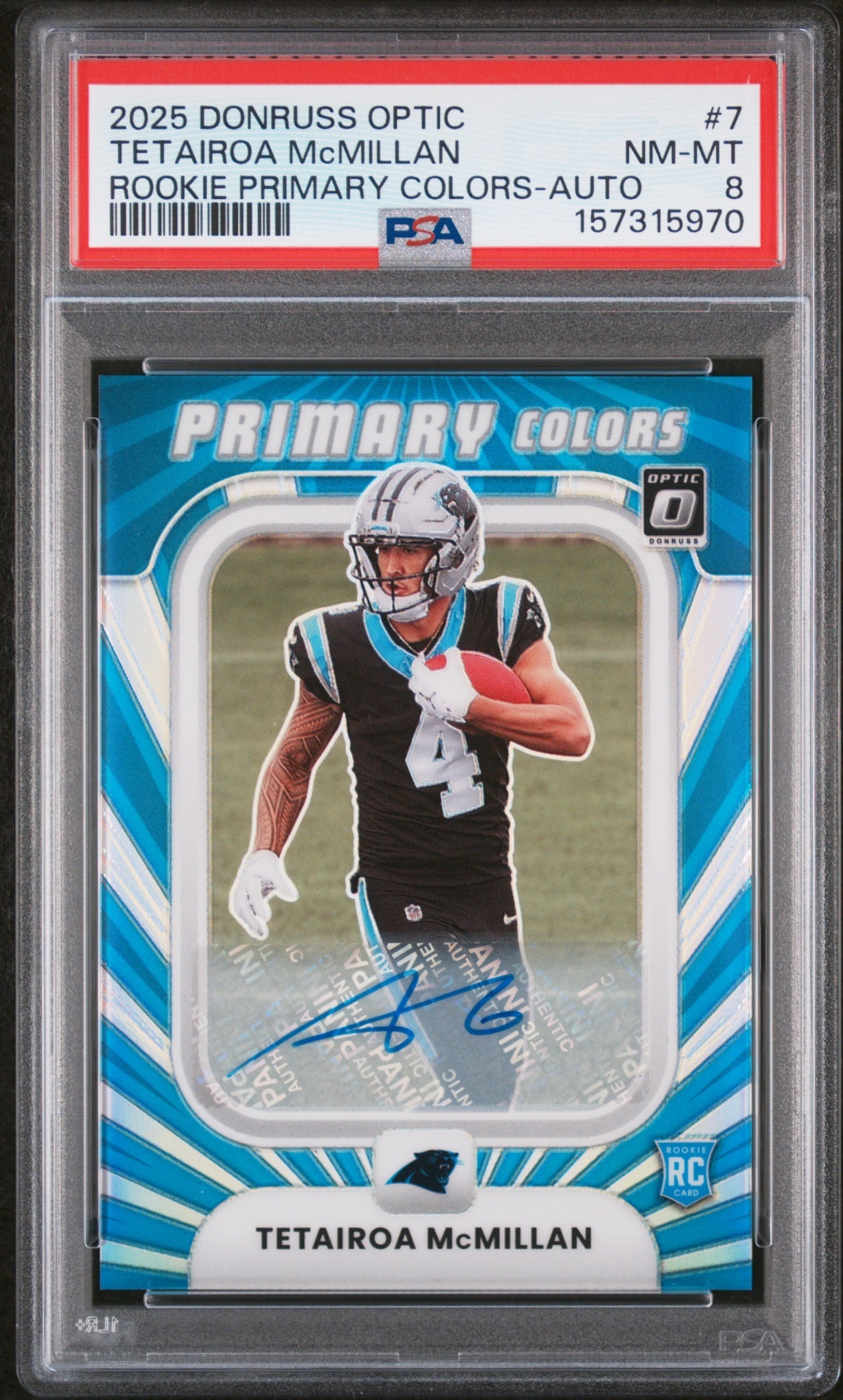 Card image for 2025 Panini Donruss Optic Tetairoa McMillan Rookie Primary Colors Auto /199 #7 RC Panthers