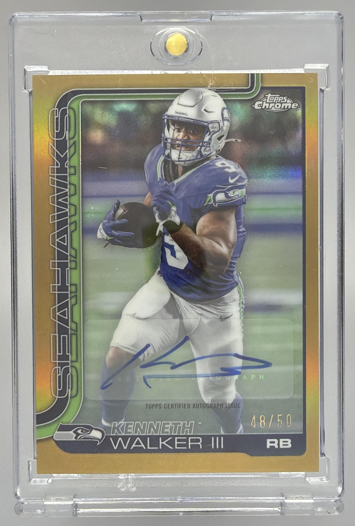 Card image for 2025 Topps Chrome Kenneth Walker III Auto Gold Refractor /50 #BA-KW Seahawks