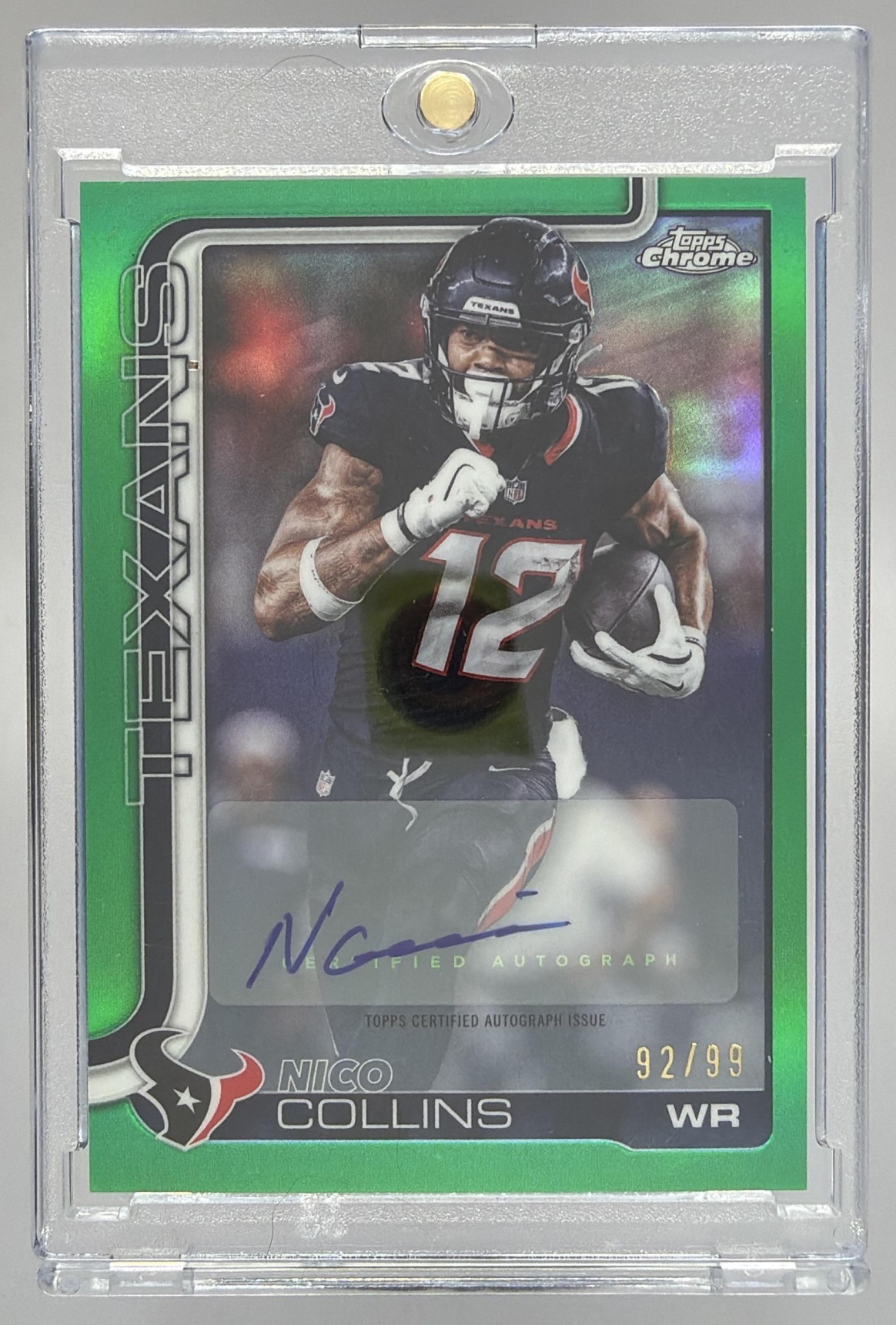 Card image for 2025 Topps Chrome Nico Collins Auto Green Refractor /99 #BA-NC Texans