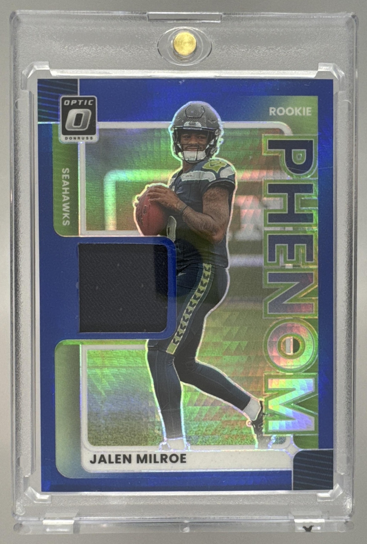 Card image for 2025 Panini Donruss Optic Jalen Milroe Rookie Phenoms Blue Hyper Prizm #RPBH-JME MEM RC Seahawks