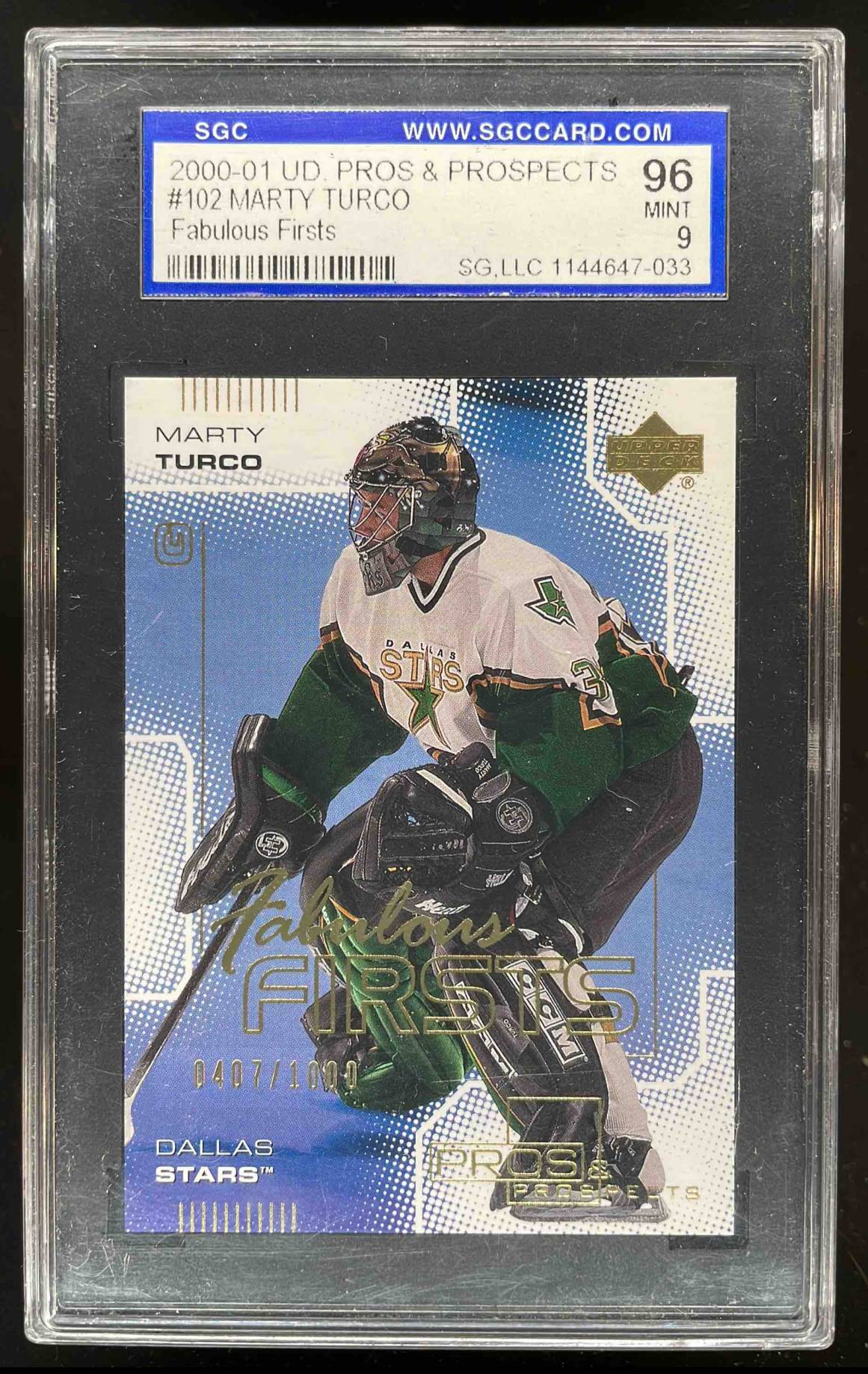 Card image for 2000-01 UPPER DECK PROS & PROSPECTS MARTY TURCO /1000 #102 RC SGC 9 LOW POP