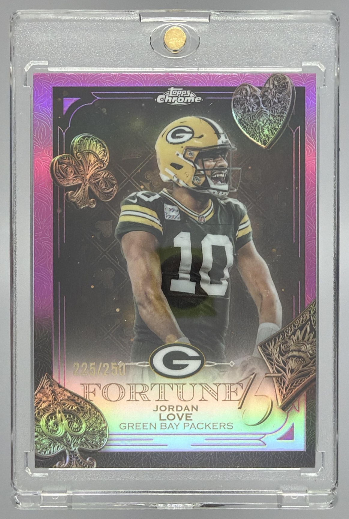 Card image for 2025 Topps Chrome Jordan Love Fortune 15 Pink Refractor /250 #F15-17 Packers