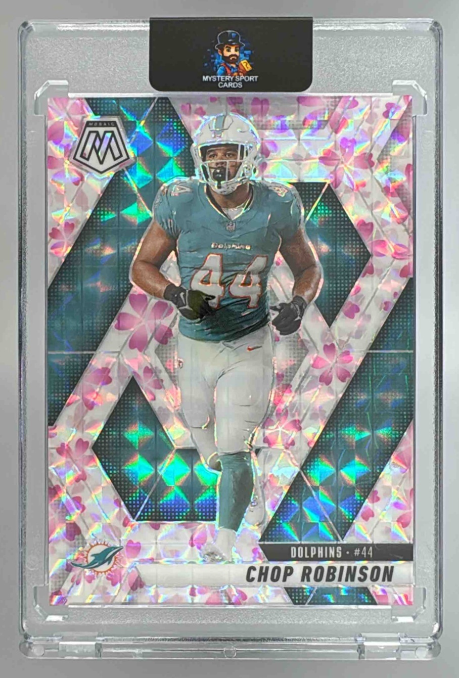 Card image for 2025 Panini Mosaic Chop Robinson Choice Cherry Blossom Prizm /20 #20 Dolphins