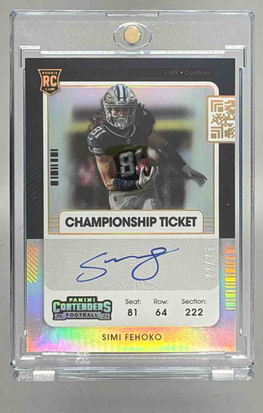 Card image for 2021 Panini Contenders Simi Fehoko Championship Ticket /49 #141 Auto RC Cowboys