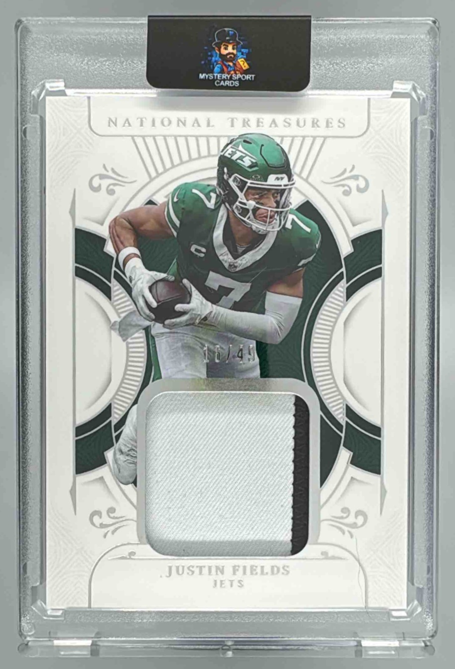 Card image for 2025 Panini National Treasures Justin Fields Treasured Patch Platinum 1/1 #TP-JFS Jets