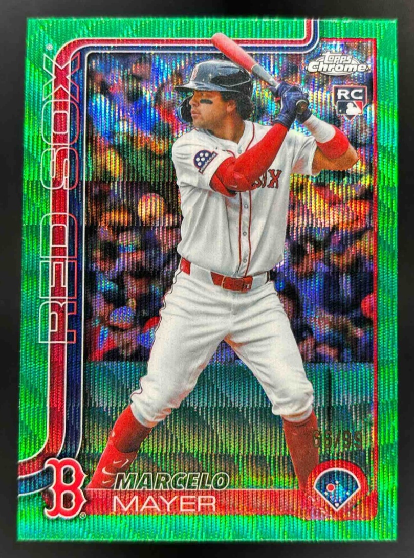 Card image for 2025 Topps Chrome Update Marcelo Mayer Green Wave Refractor /99 #USC9 Red Sox