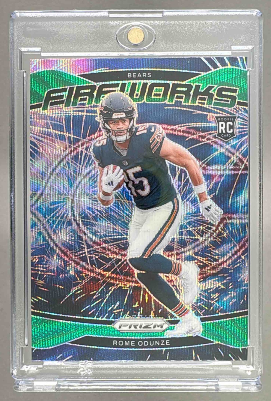 Card image for 2024 Panini Football Prizm Rome Odunze Fireworks #19 RC Chicago Bears