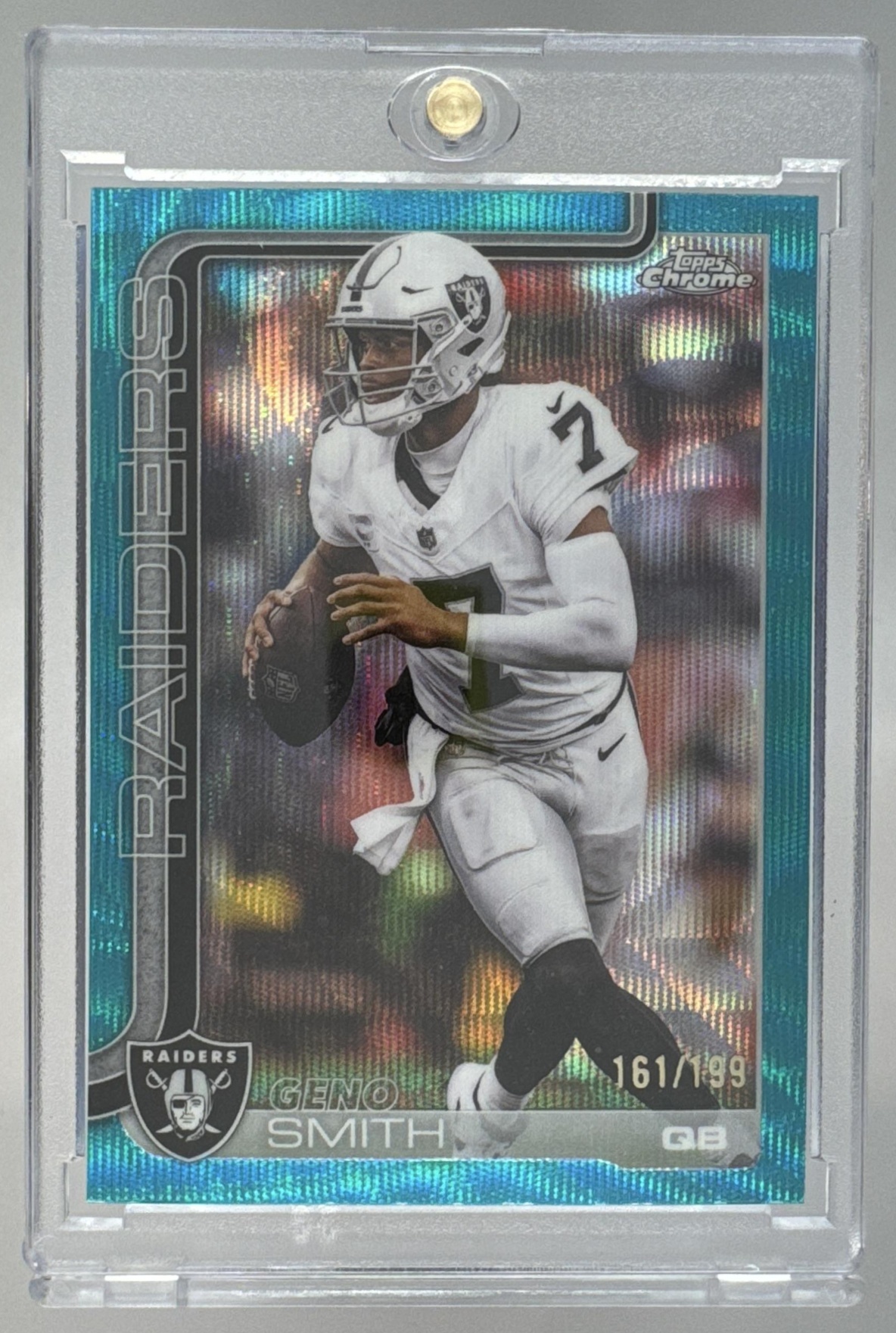 Card image for 2025 Topps Football Chrome Geno Smith Aqua Refractor /199 #179 Las Vegas Raiders