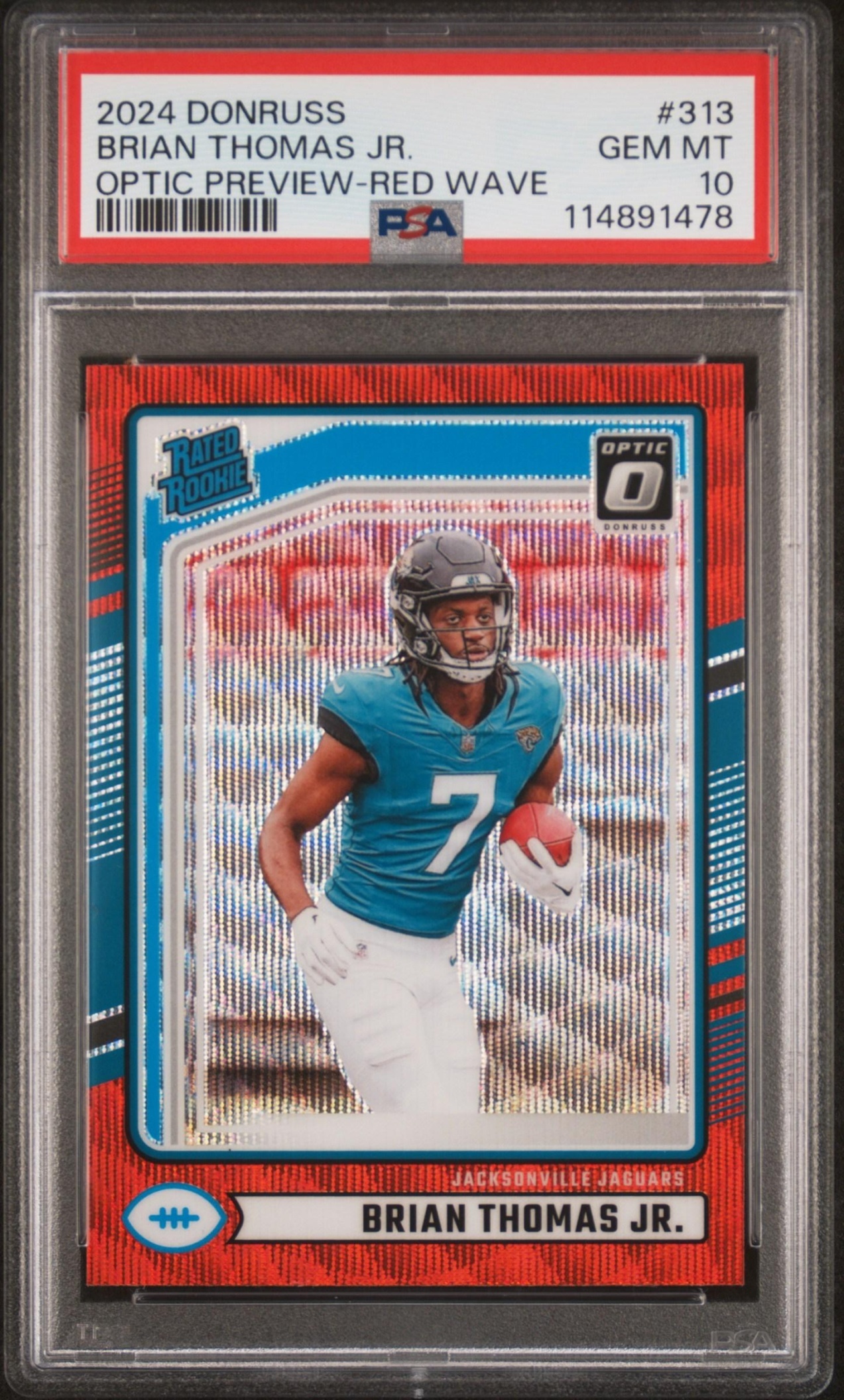 Card image for 2024 Panini Donruss Brian Thomas Jr. Optic Rated Rookie Preview Red Wave #313 Jaguars