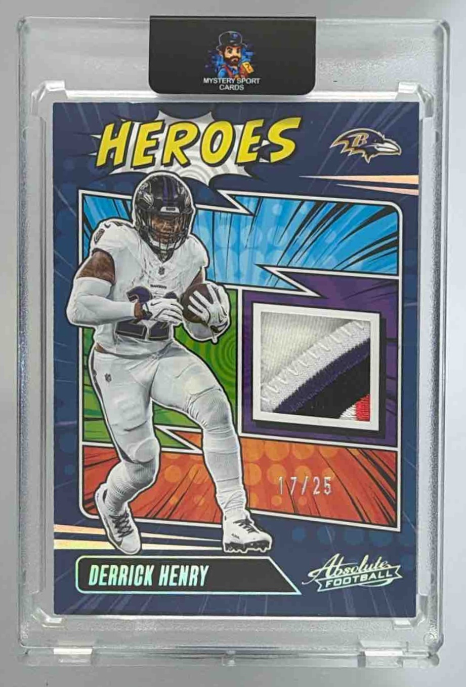 Card image for 2025 Panini Absolute Derrick Henry Heroes Memorabilia Holo Silver /25 #AHM-DHY MEM Ravens