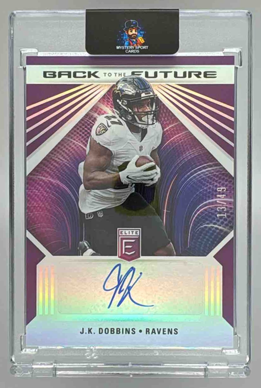 Card image for 2022 Panini Donruss Elite J.K. Dobbins Back to the Future Signatures Purple /49 #BFS-JK Auto Ravens
