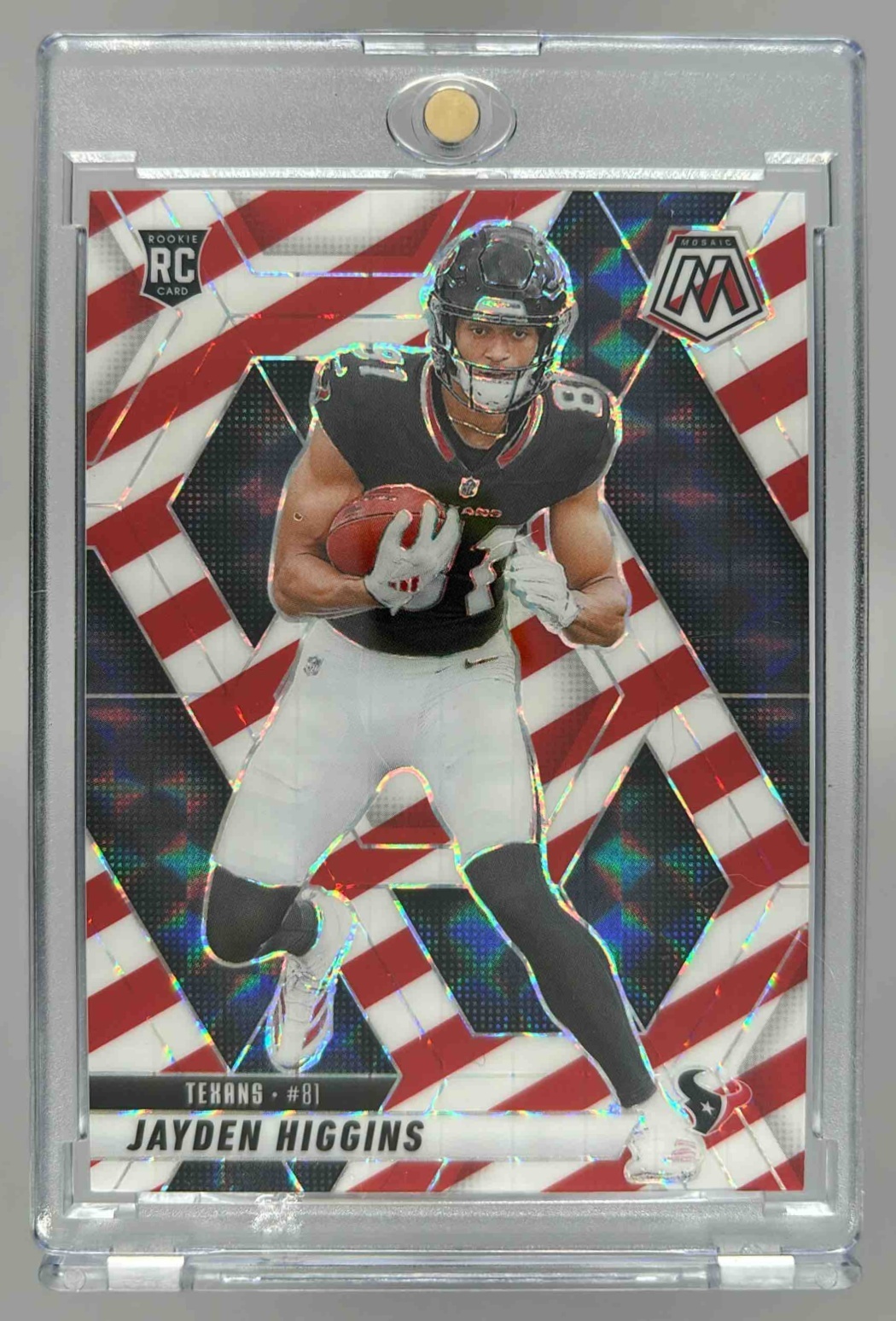Card image for 2025 Panini Mosaic Jayden Higgins Rookies Red and White Stripe Prizm #346 RC Texans