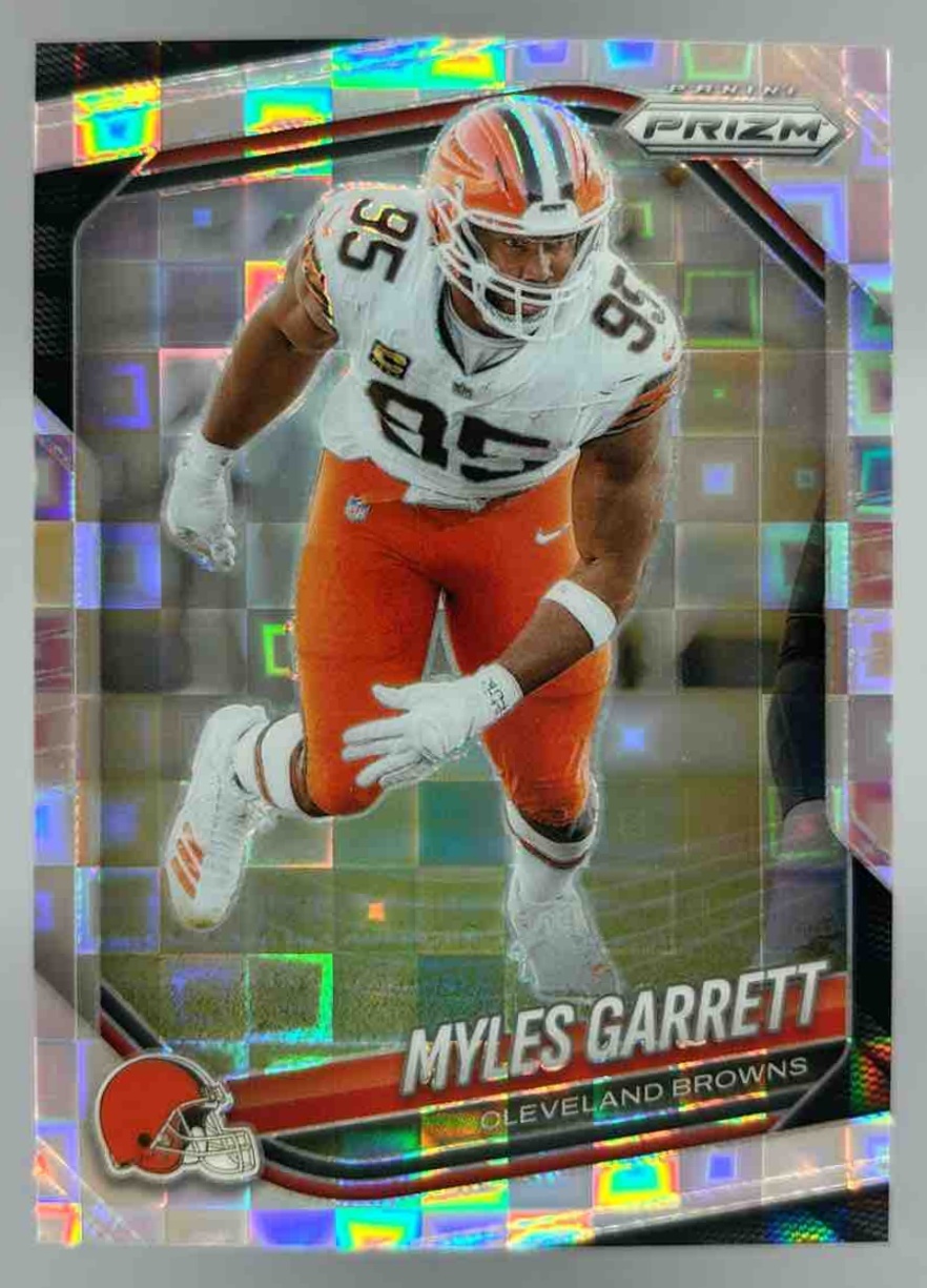 Card image for 2025 Panini Football Prizm Myles Garrett Green Shimmer /5 #73 Cleveland Browns