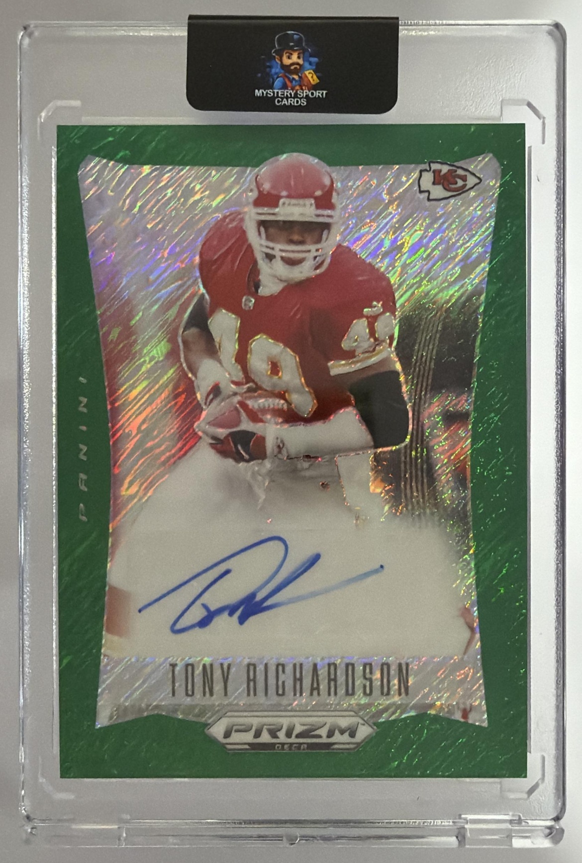 Card image for 2024 Panini Prizm Deca Tony Richardson Signatures Green Shimmer FOTL /25 #S-TRN Auto Chiefs